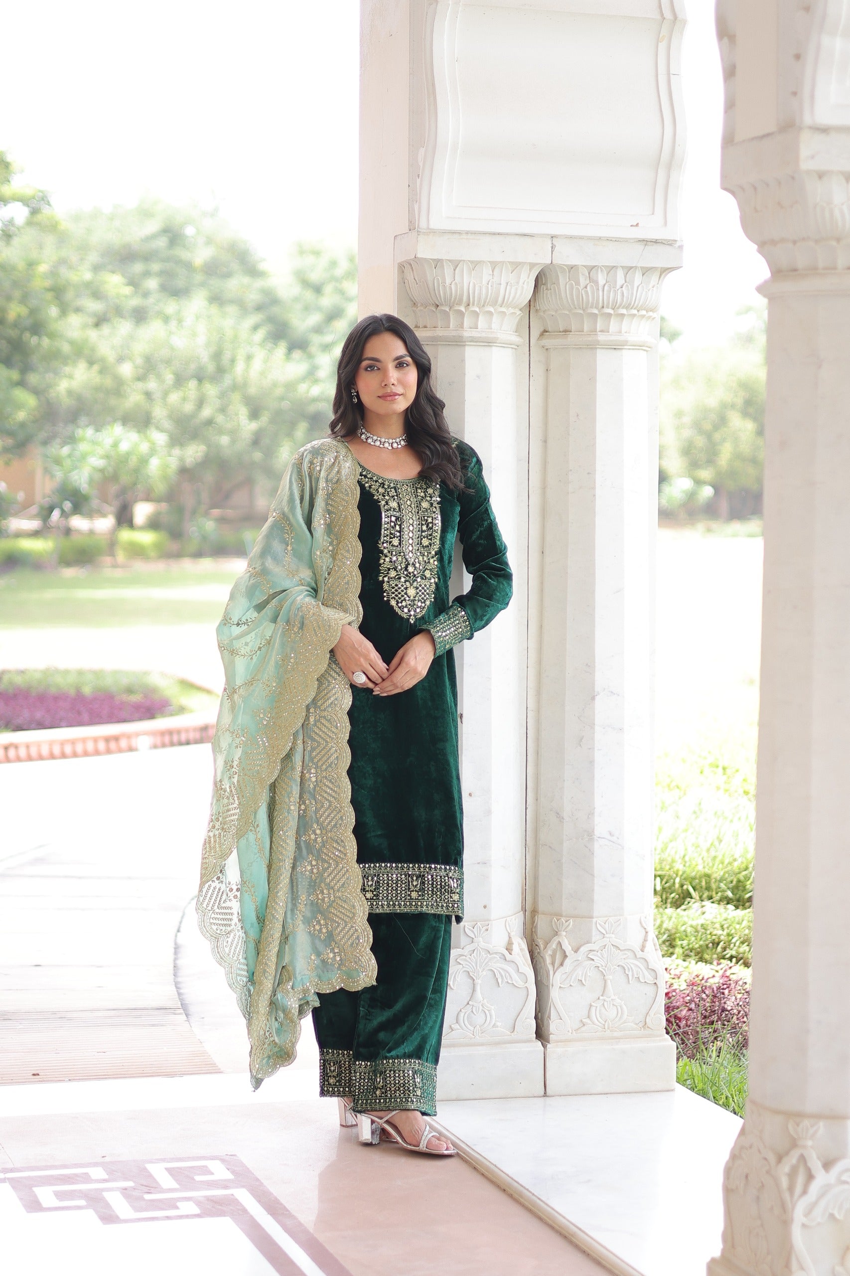 Prazu Fashion Green Velvet Salwar Suit with intricate zari embroidery and sequins