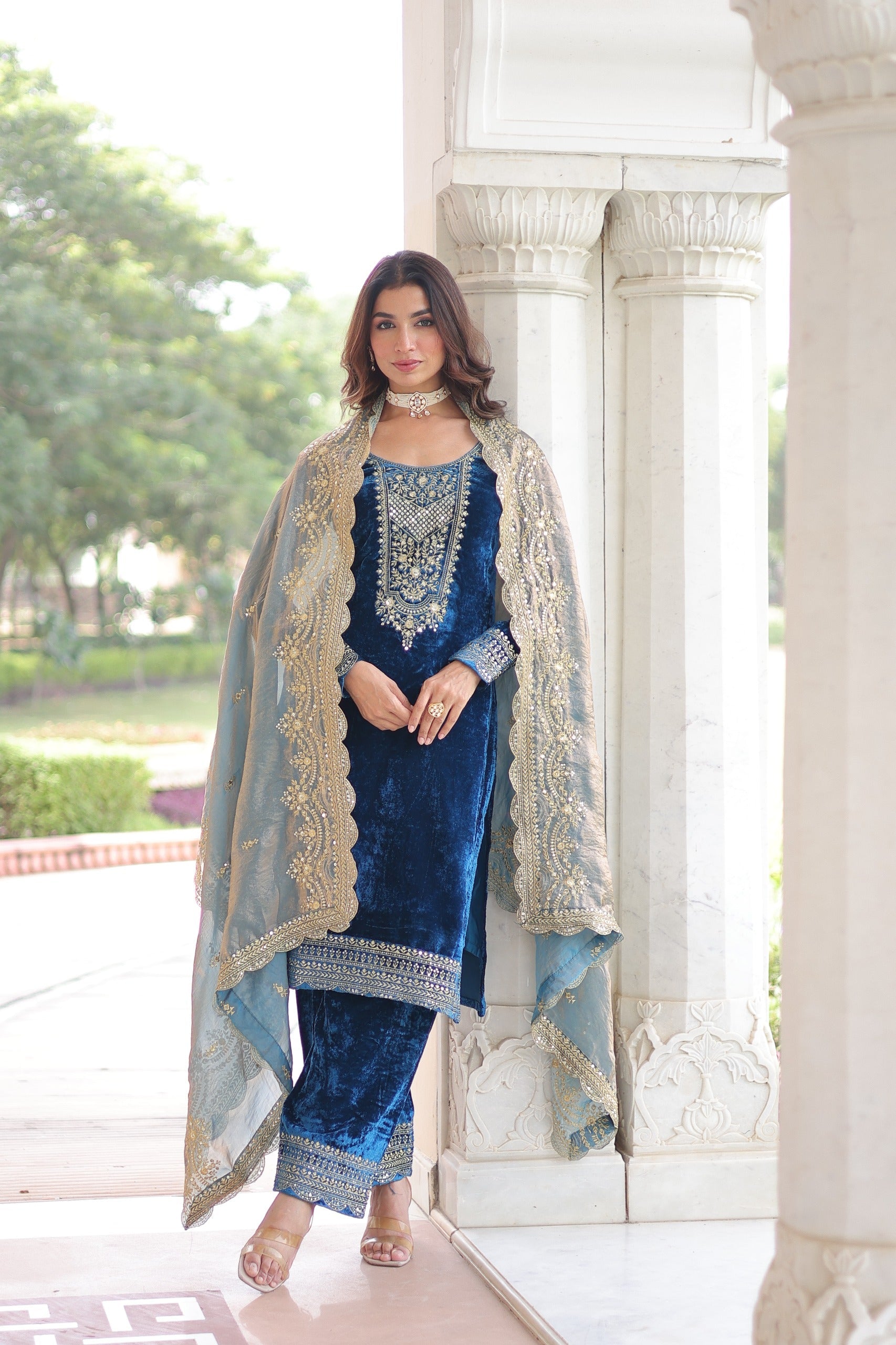 Blue Velvet Salwar Suit with Rich Sequins and Zari Embroidery
