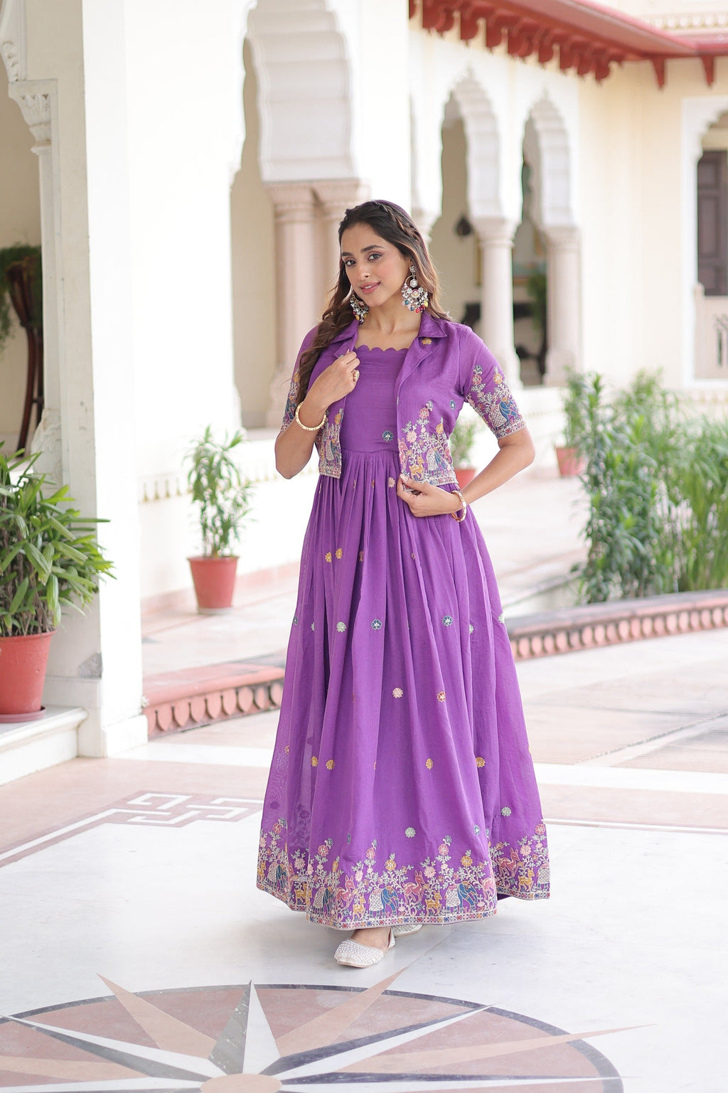 Purple Vichitra Silk Gown with Sequins, Zari & Thread Work & Koti
