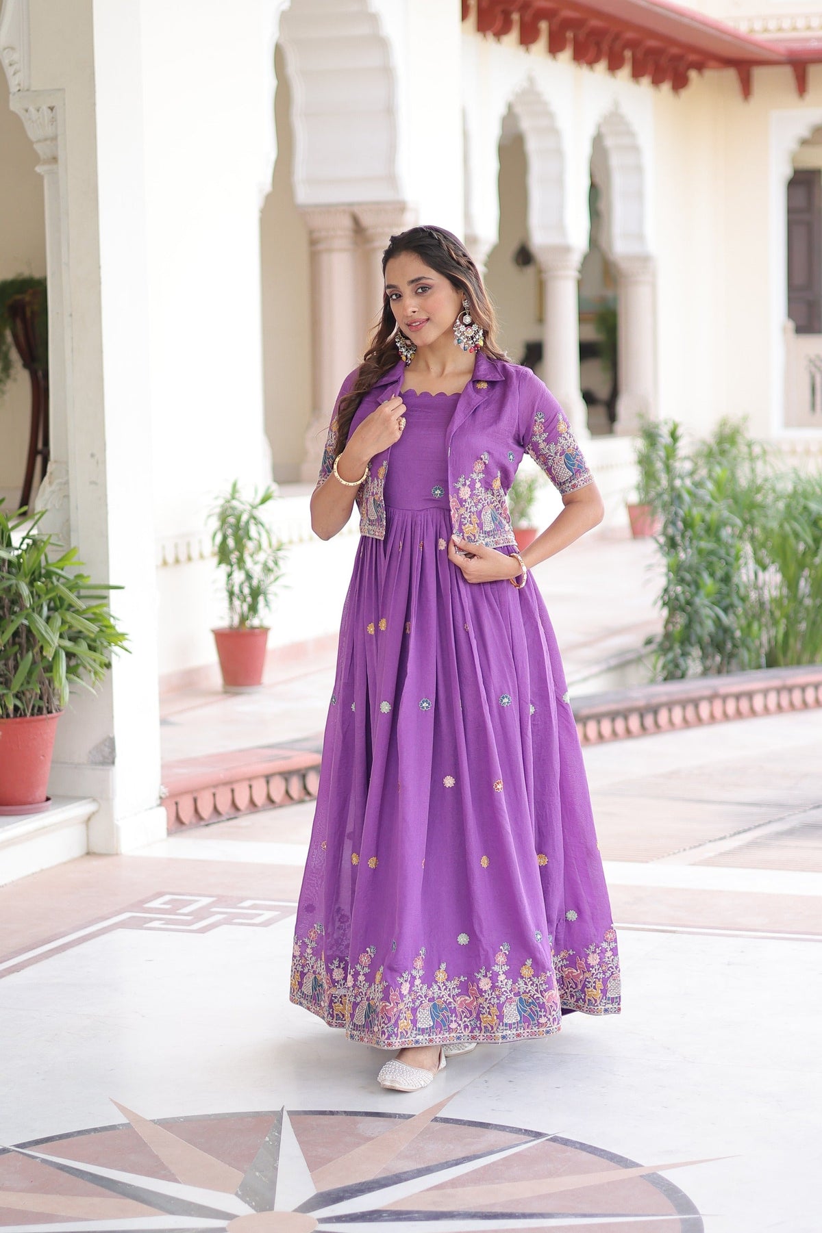 Purple Vichitra Silk Gown with Sequins, Zari & Thread Work & Koti