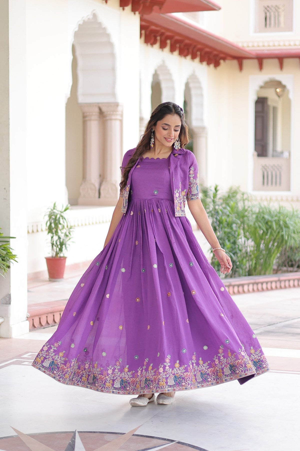 Purple Vichitra Silk Gown with Sequins, Zari & Thread Work & Koti
