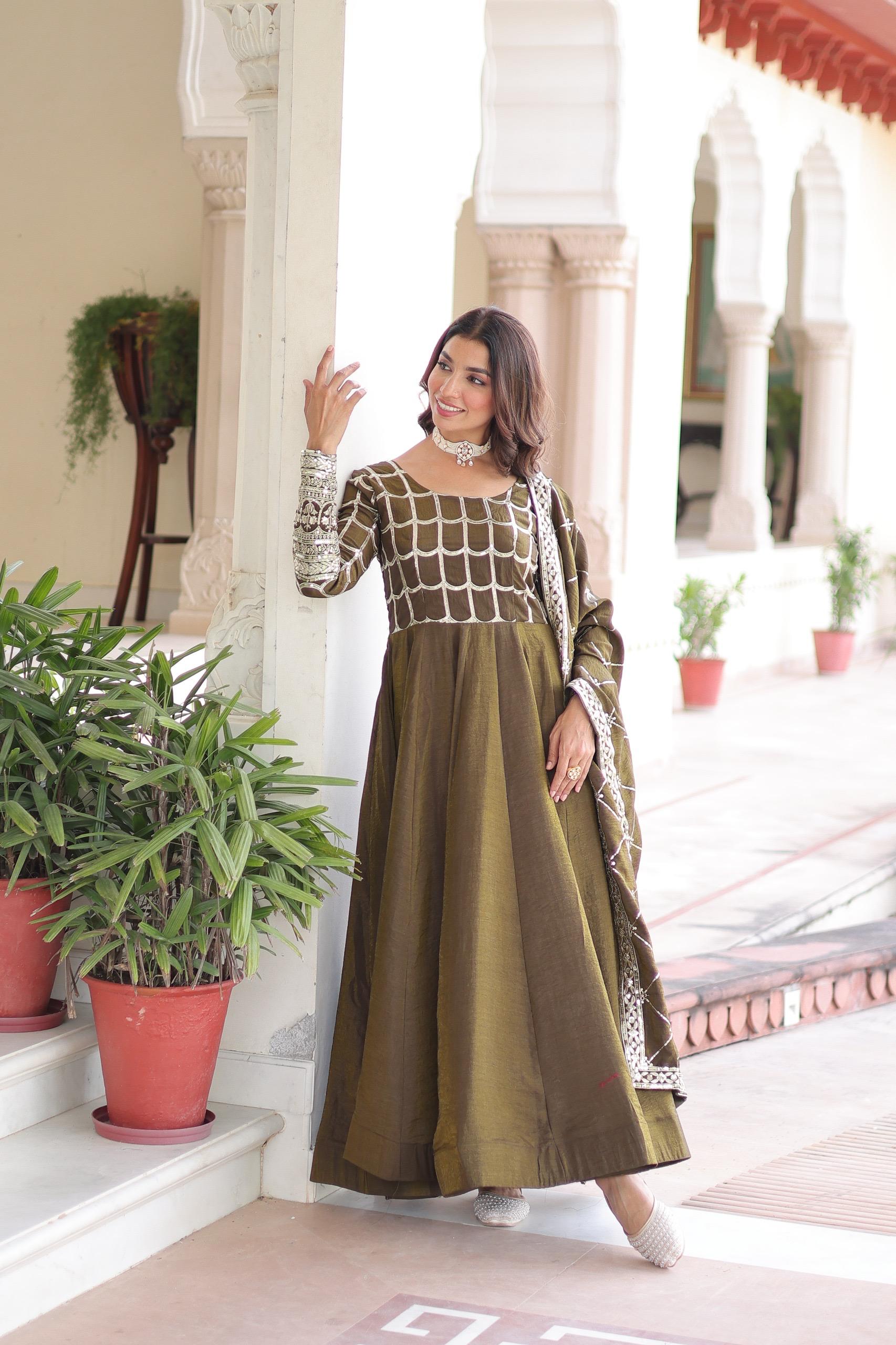 Mahendi Vichitra Silk Gown with Rich Sequins and Zari Embroidery