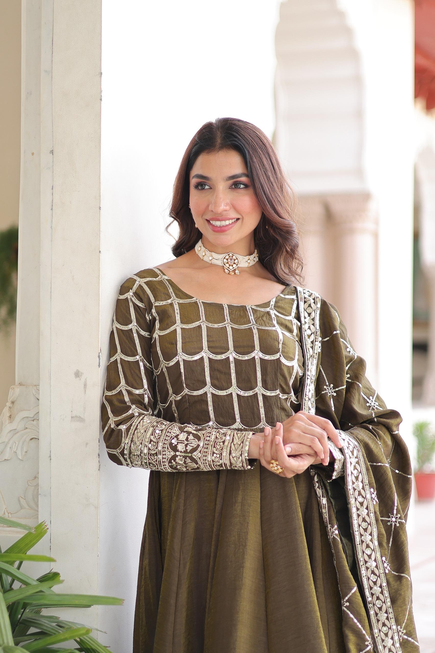 Mahendi Vichitra Silk Gown with Rich Sequins and Zari Embroidery