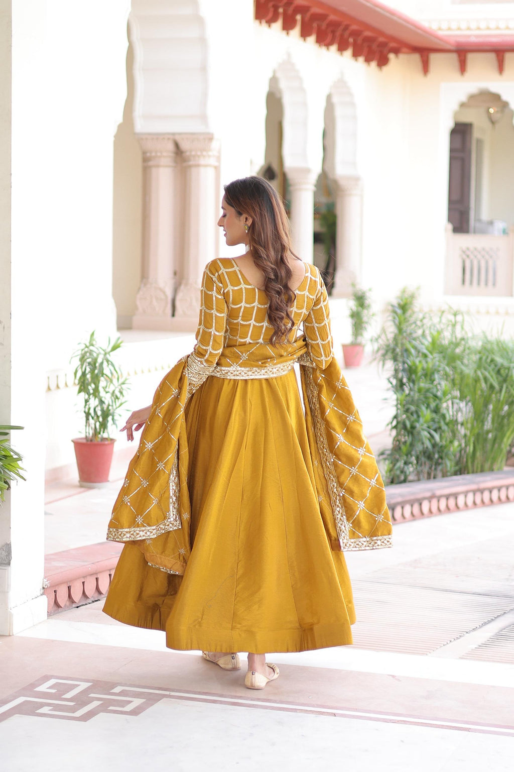 Prazu Fashion Mustard Vichitra Silk Rich Sequins & Zari Embroidered Gown With Dupatta