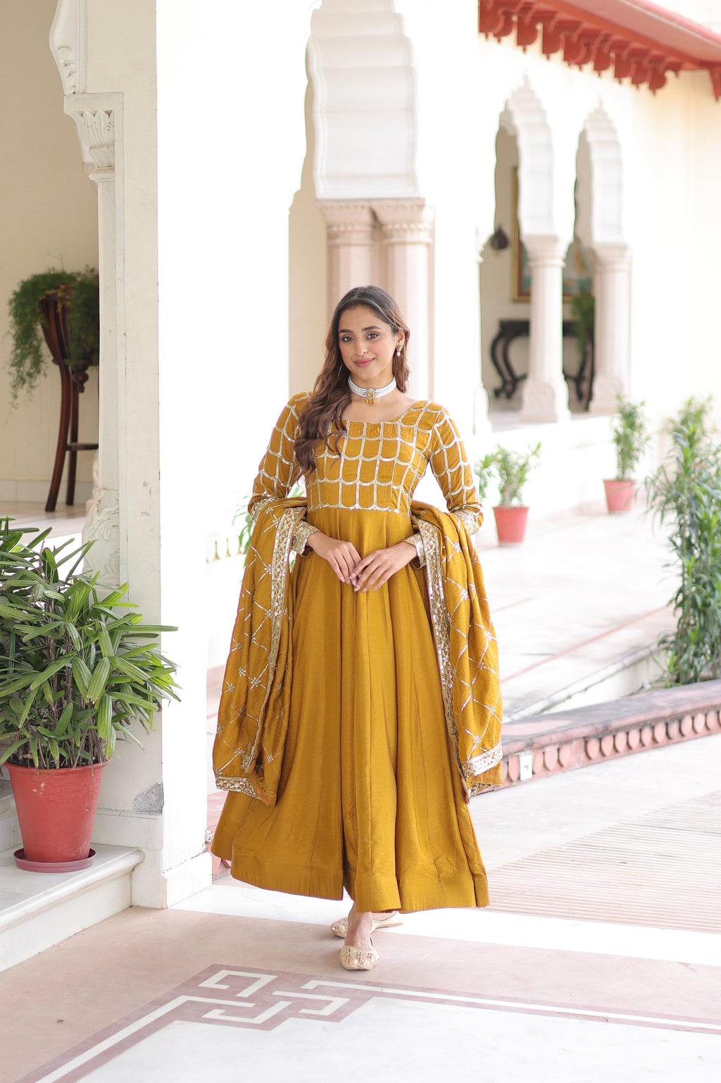 Prazu Fashion Mustard Vichitra Silk Rich Sequins & Zari Embroidered Gown With Dupatta