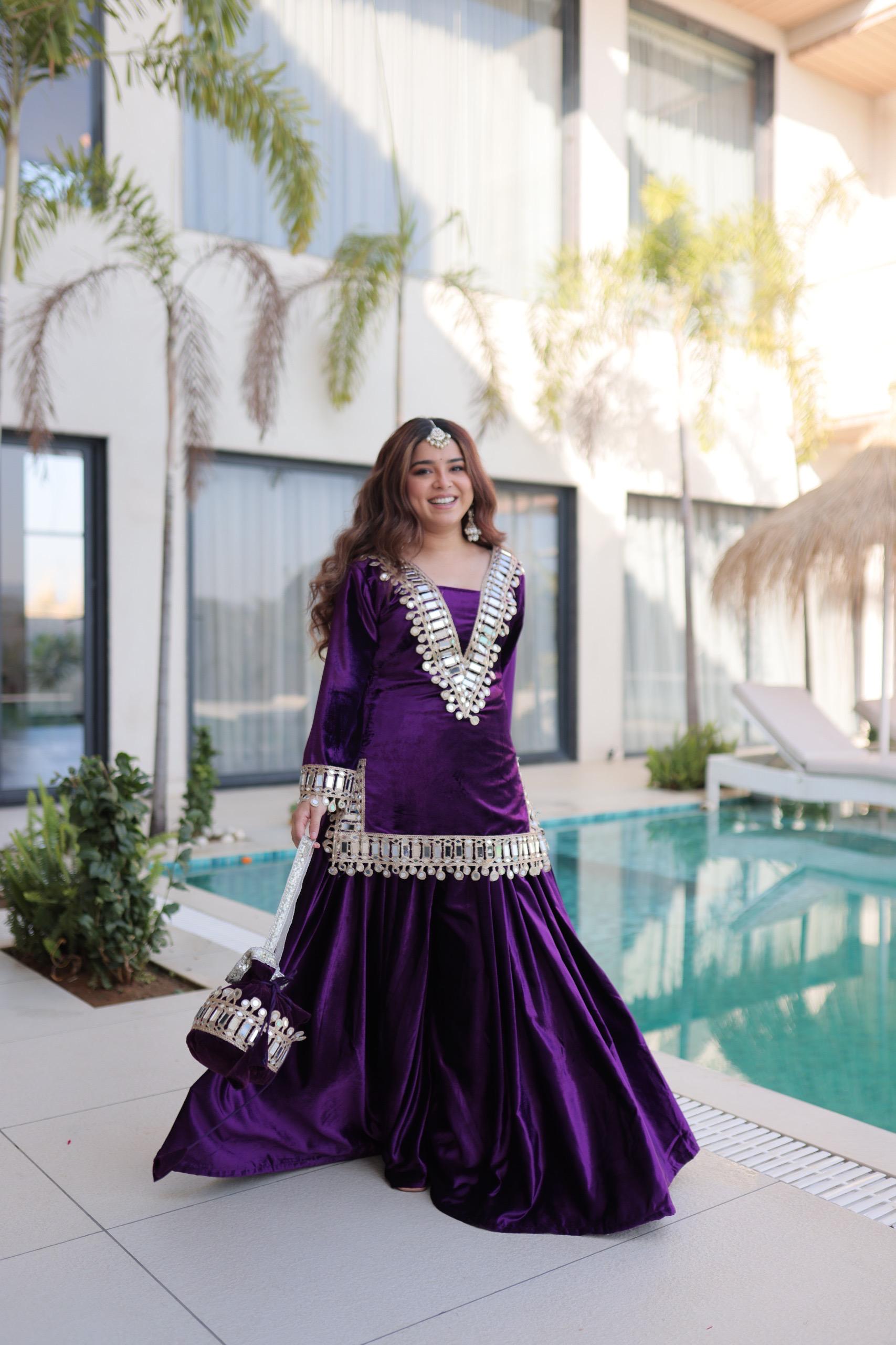 Prazu Fashion Violet Velvet With Zari Embroidered & Real Mirror Work Plazzo With Potli Bag