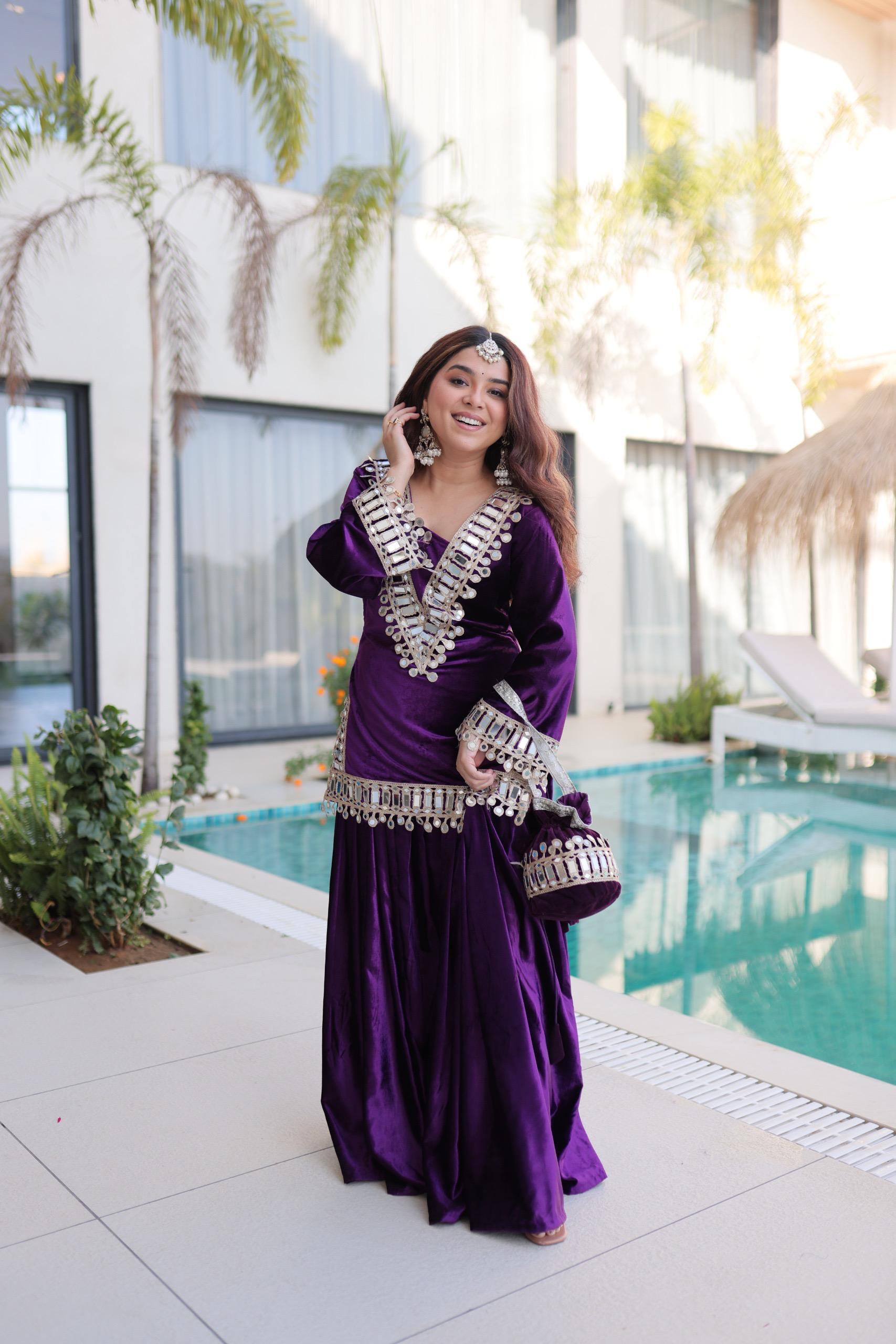 Prazu Fashion Violet Velvet With Zari Embroidered & Real Mirror Work Plazzo With Potli Bag