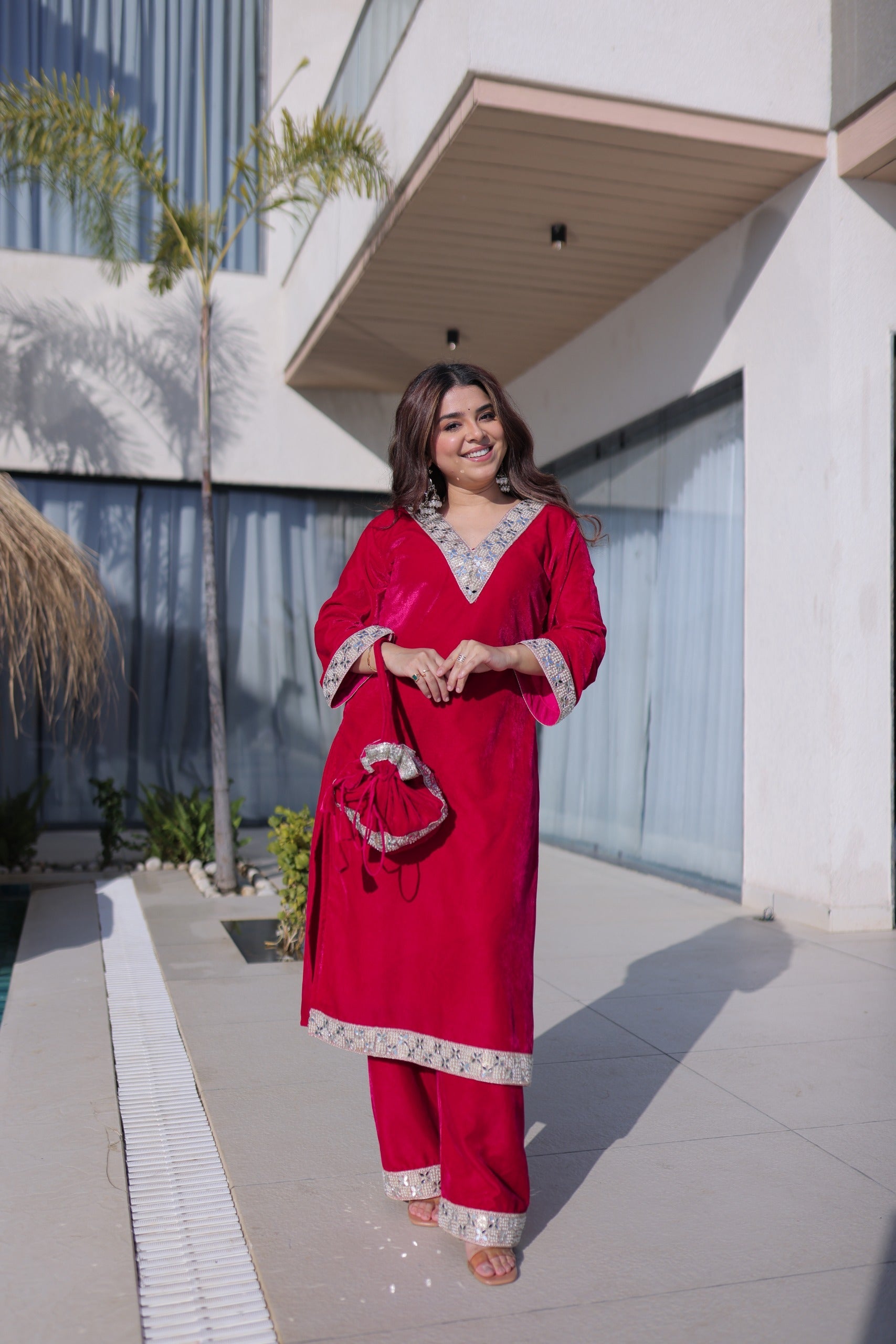 Prazu Fashion Rani Pink Velvet Zari Embroidered & Real Mirror Work Suit With Potli Bag