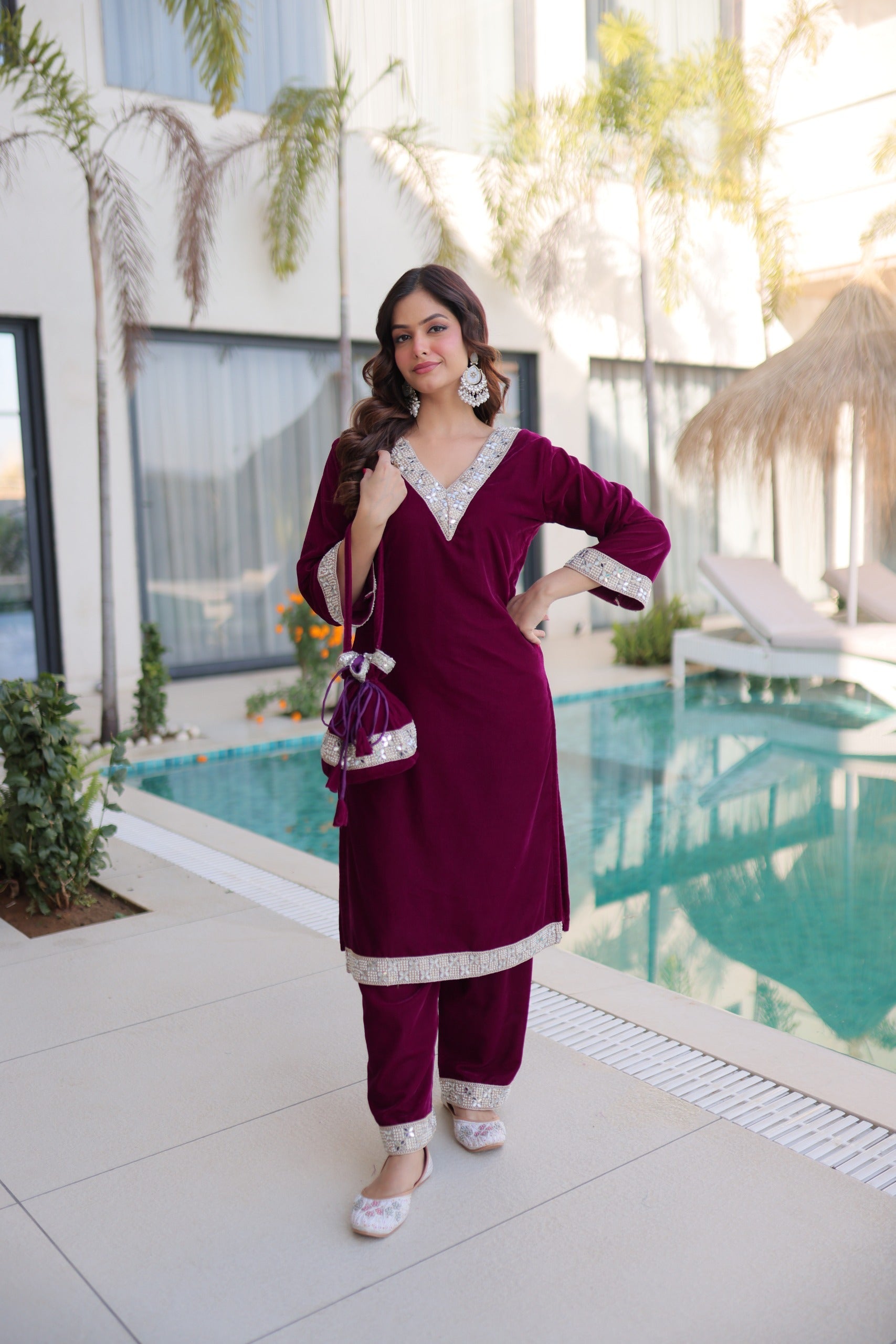 Prazu Fashion Wine Velvet Zari Embroidered & Real Mirror Work Suit With Potli Bag