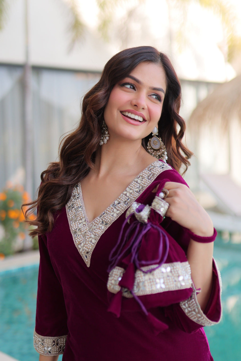 Prazu Fashion Wine Velvet Zari Embroidered & Real Mirror Work Suit With Potli Bag