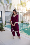 Prazu Fashion Wine Velvet Zari Embroidered & Real Mirror Work Suit With Potli Bag
