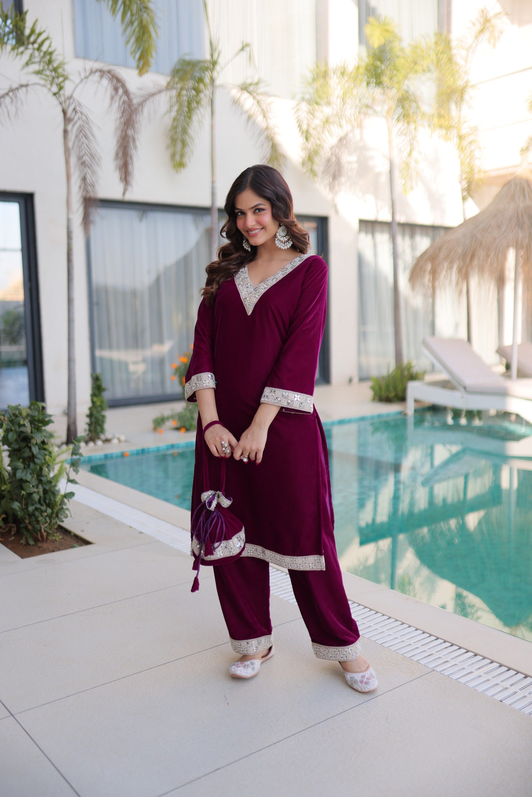 Prazu Fashion Wine Velvet Zari Embroidered & Real Mirror Work Suit With Potli Bag