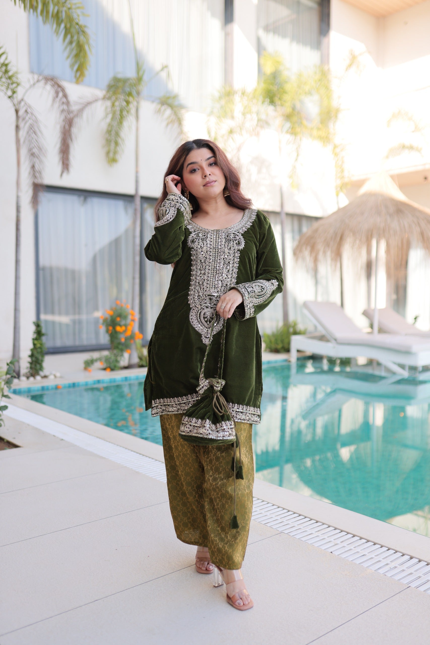 Prazu Fashion Green Velvet With Rich Zari Coding Embroidered Suit With Potli Bag