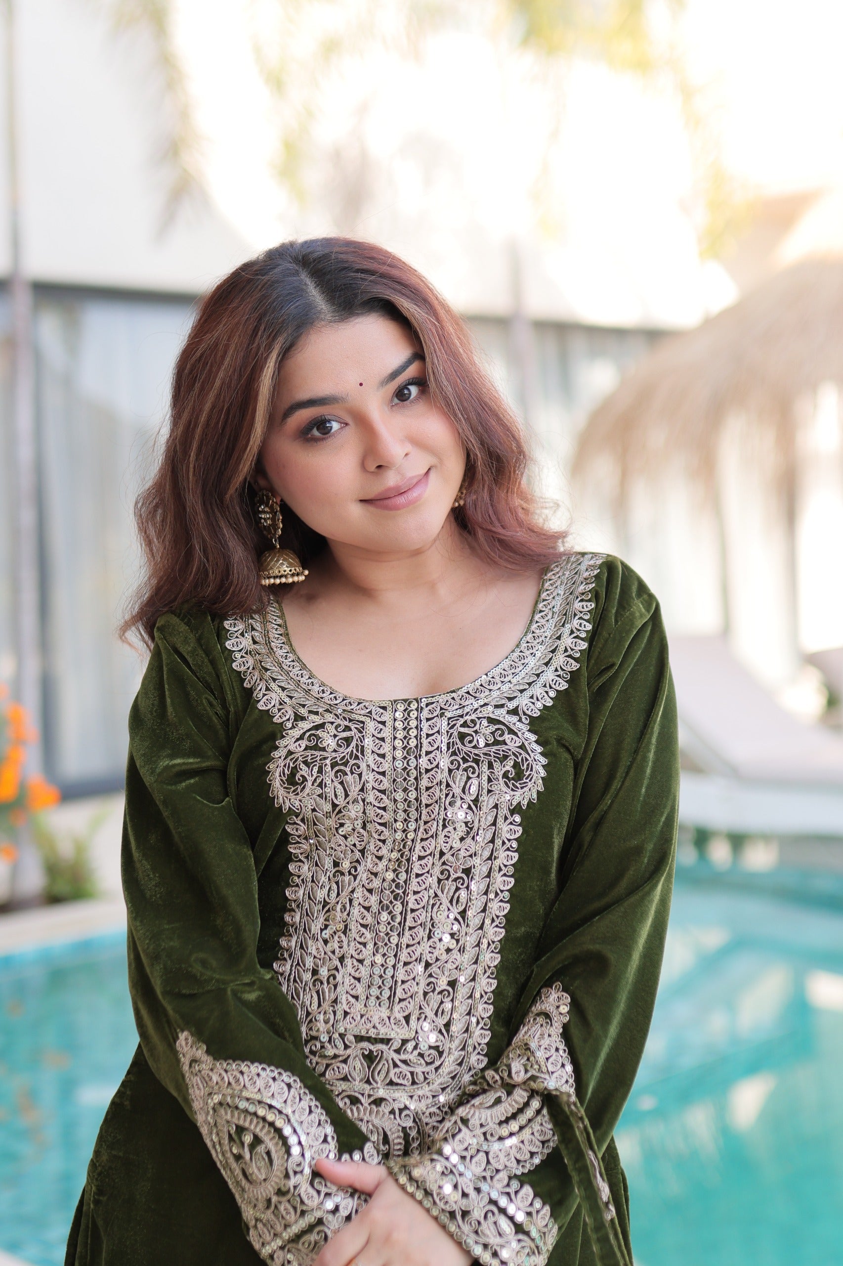 Prazu Fashion Green Velvet With Rich Zari Coding Embroidered Suit With Potli Bag