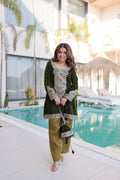 Prazu Fashion Green Velvet With Rich Zari Coding Embroidered Suit With Potli Bag