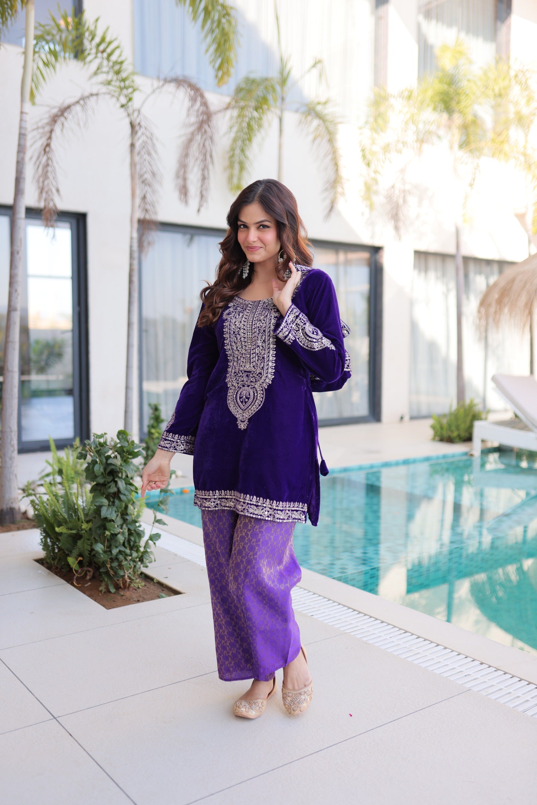 Prazu Fashion Purple Velvet With Rich Zari Coding Embroidered Suit With Potli Bag
