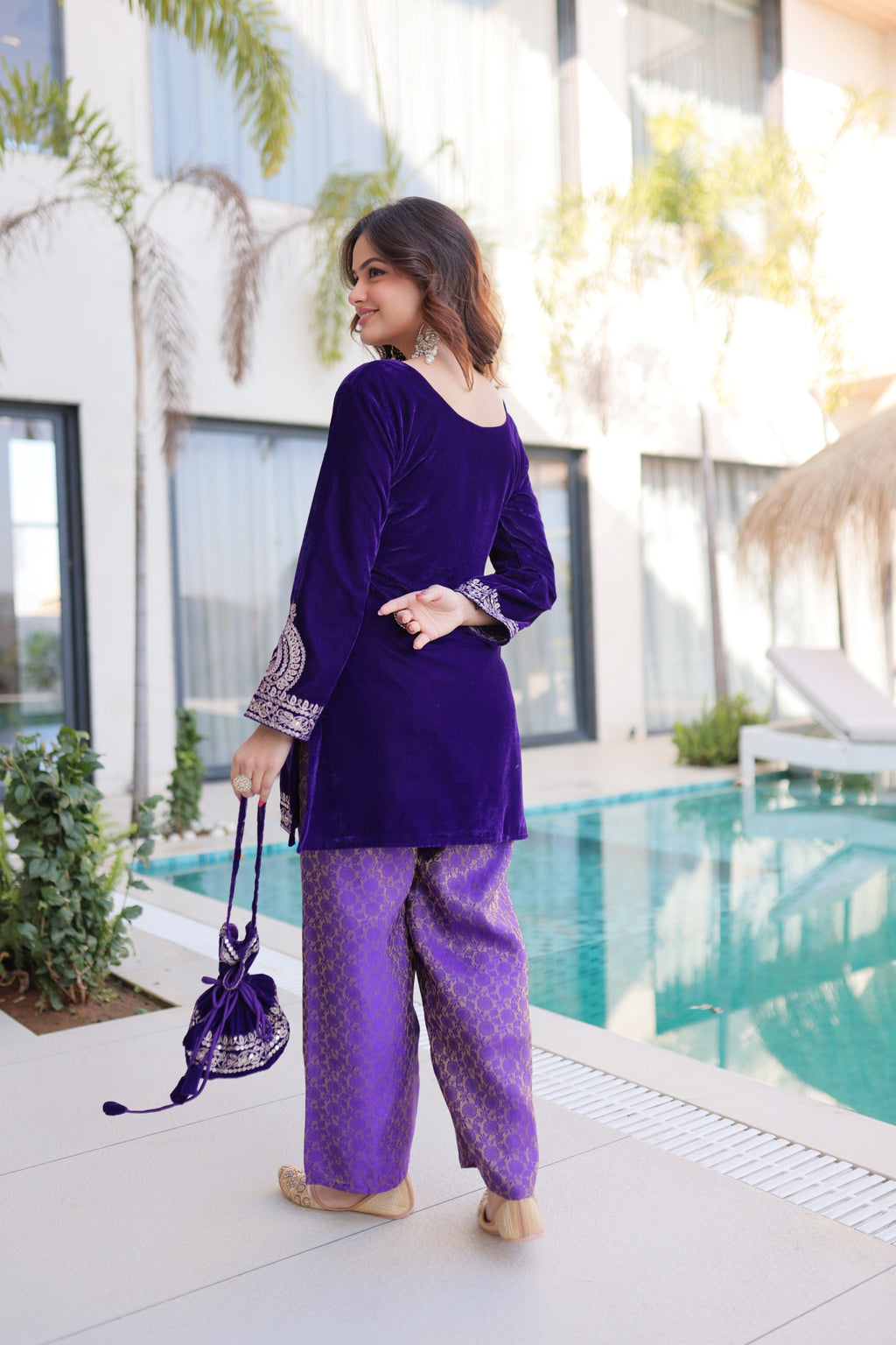 Prazu Fashion Purple Velvet With Rich Zari Coding Embroidered Suit With Potli Bag