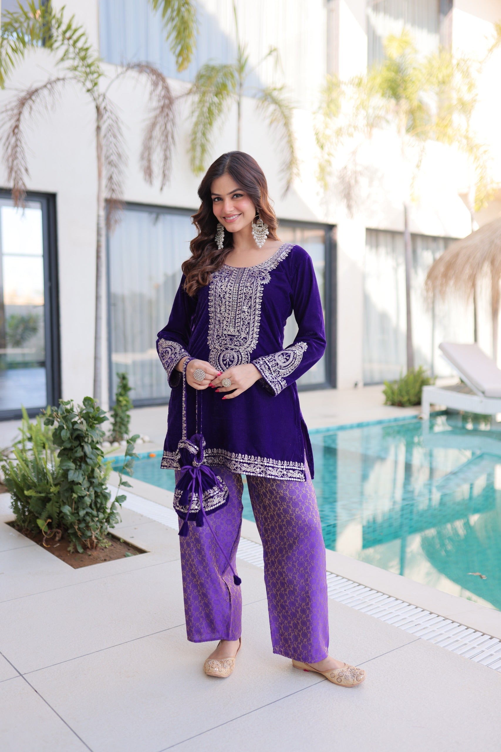Prazu Fashion Purple Velvet With Rich Zari Coding Embroidered Suit With Potli Bag