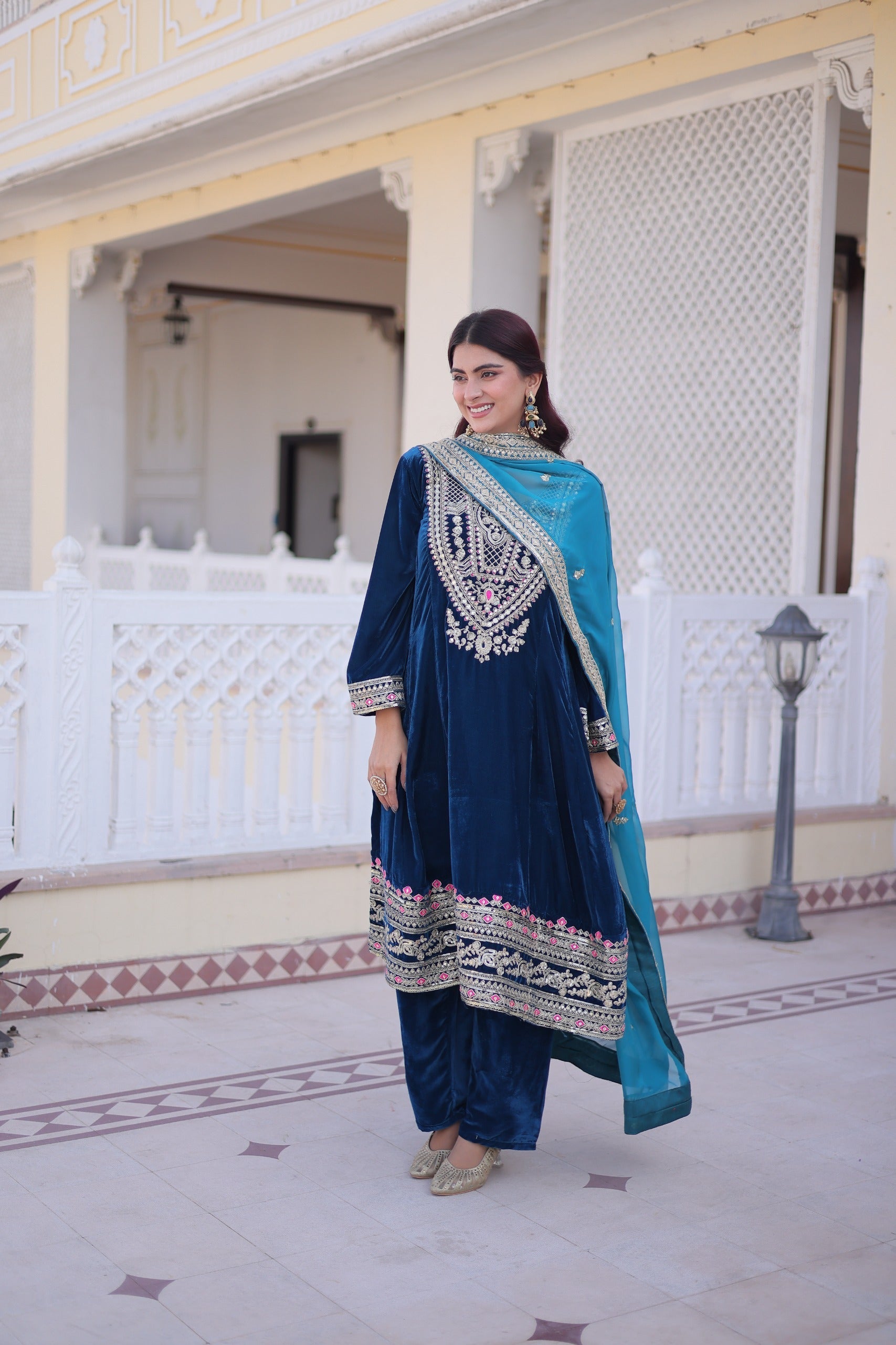 Rama Velvet Embroidered Salwar Suit with Rich Sequins and Zari