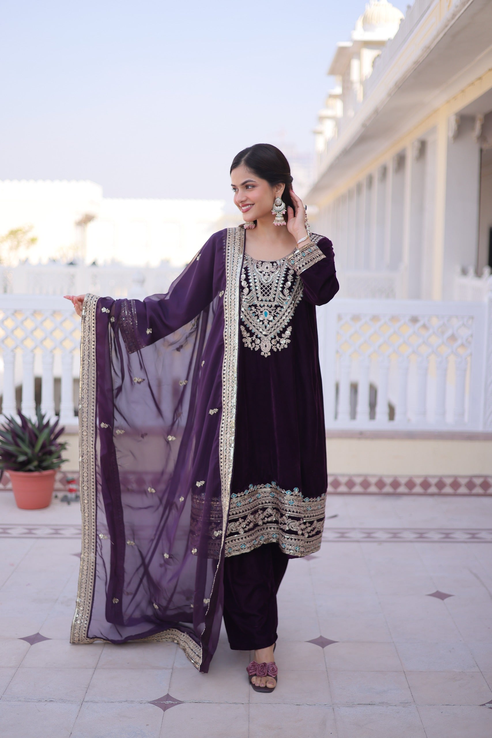 Wine Velvet Rich Sequins, Zari & Thread Embroidered Salwar Suit