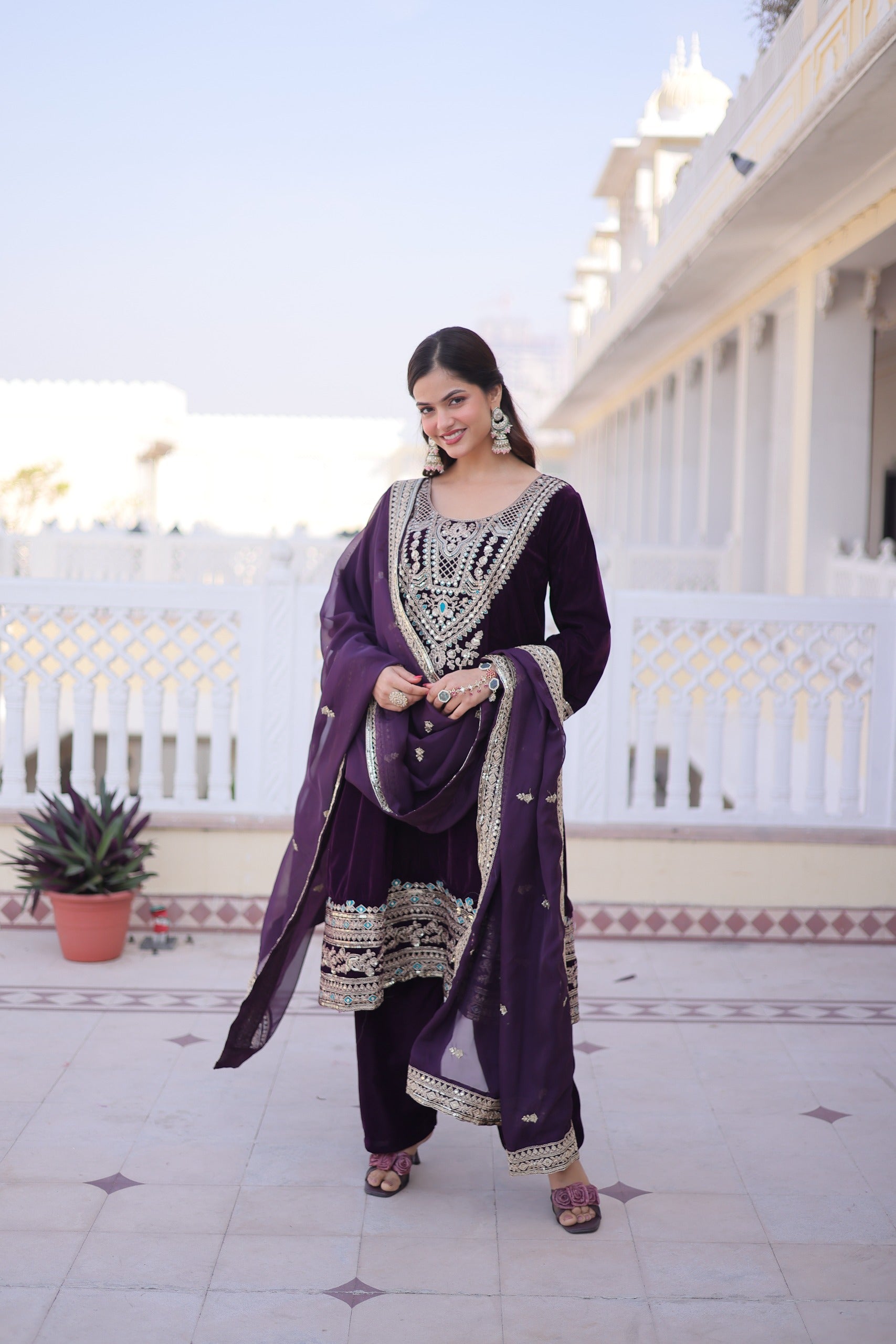 Wine Velvet Rich Sequins, Zari & Thread Embroidered Salwar Suit