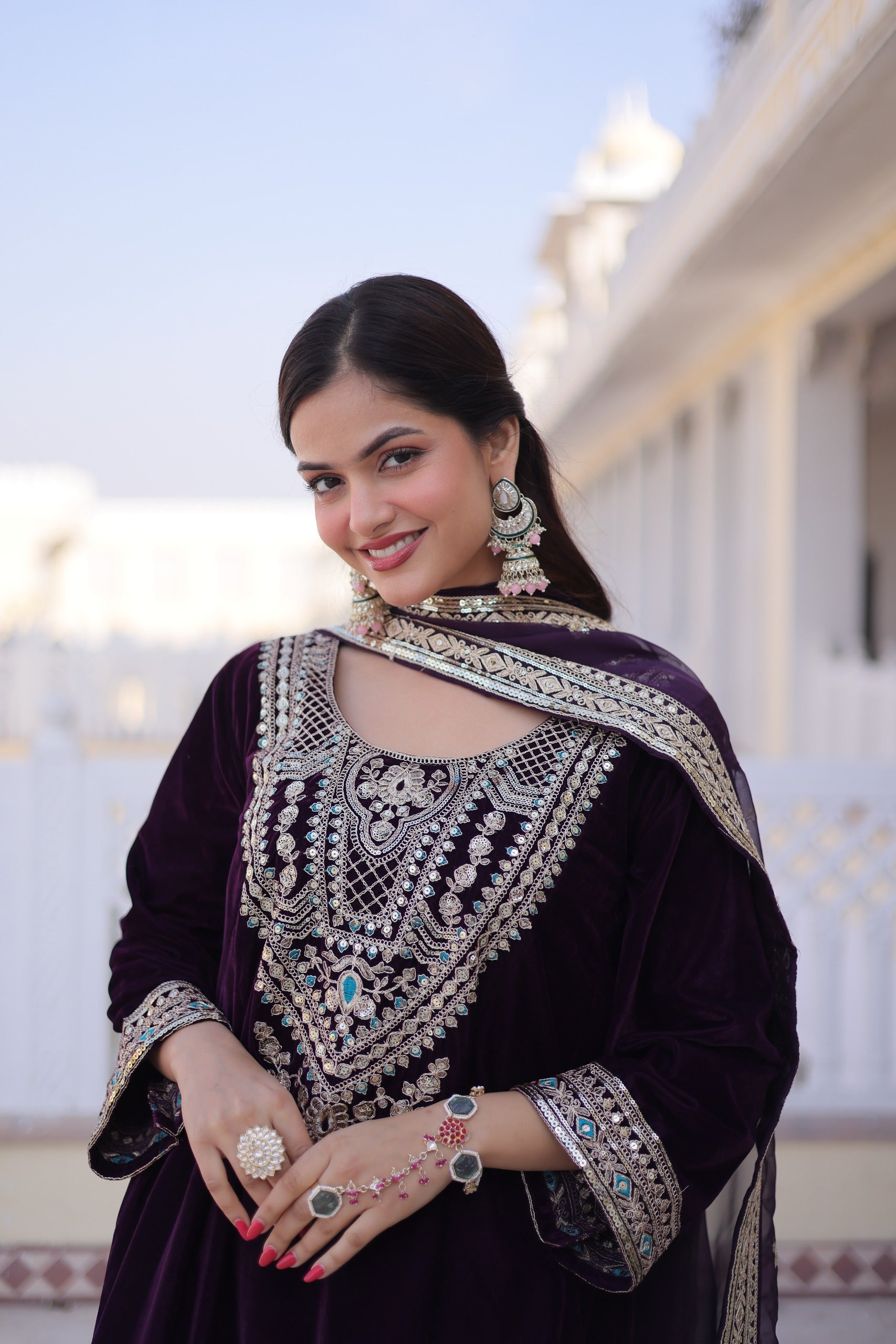 Wine Velvet Rich Sequins, Zari & Thread Embroidered Salwar Suit