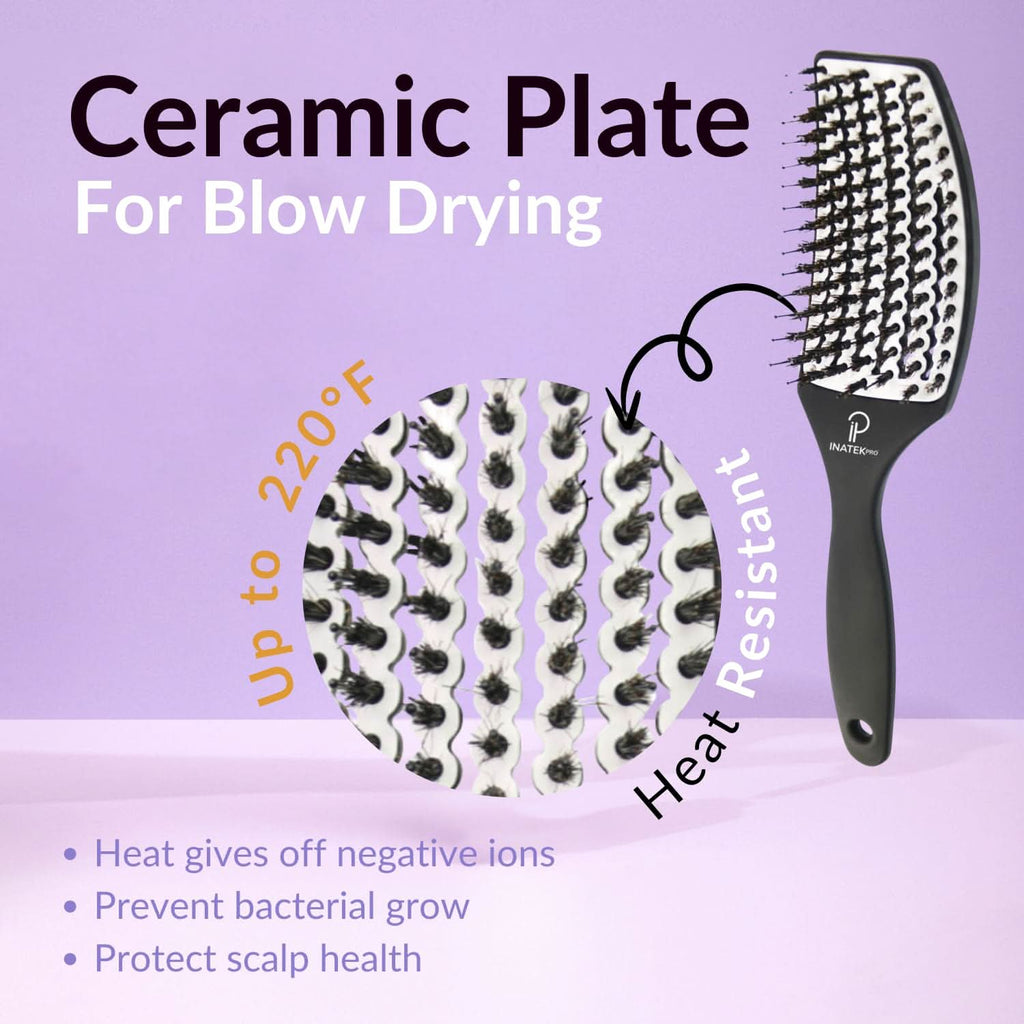 Large Curved Vented Boar Bristle Detangler Brush in White