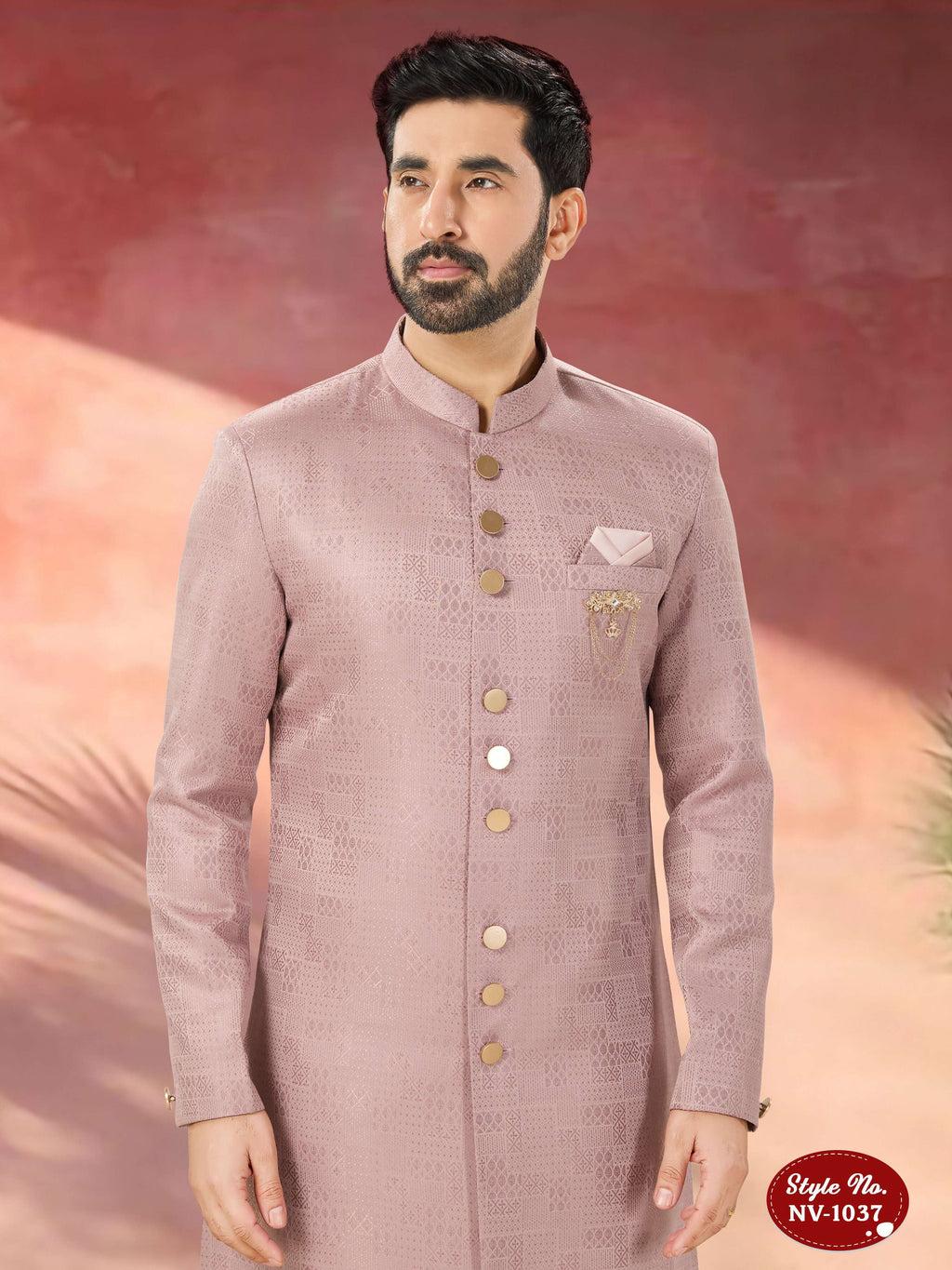Men's Pink Straight Indo-Western Kurta Set in Self-Design Fabric