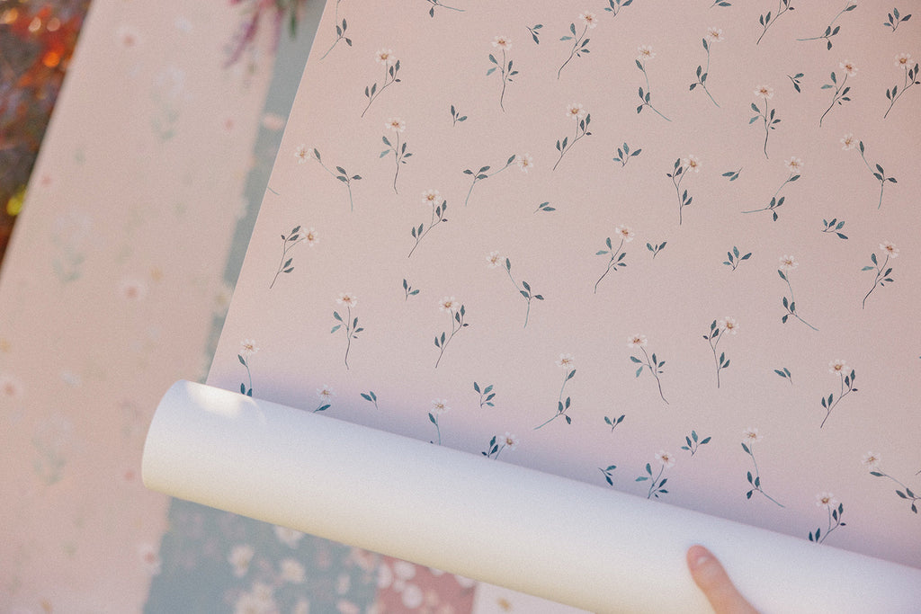 Brigitta Floral Wallpaper in Dusty-Rose and Muted-Green Decor