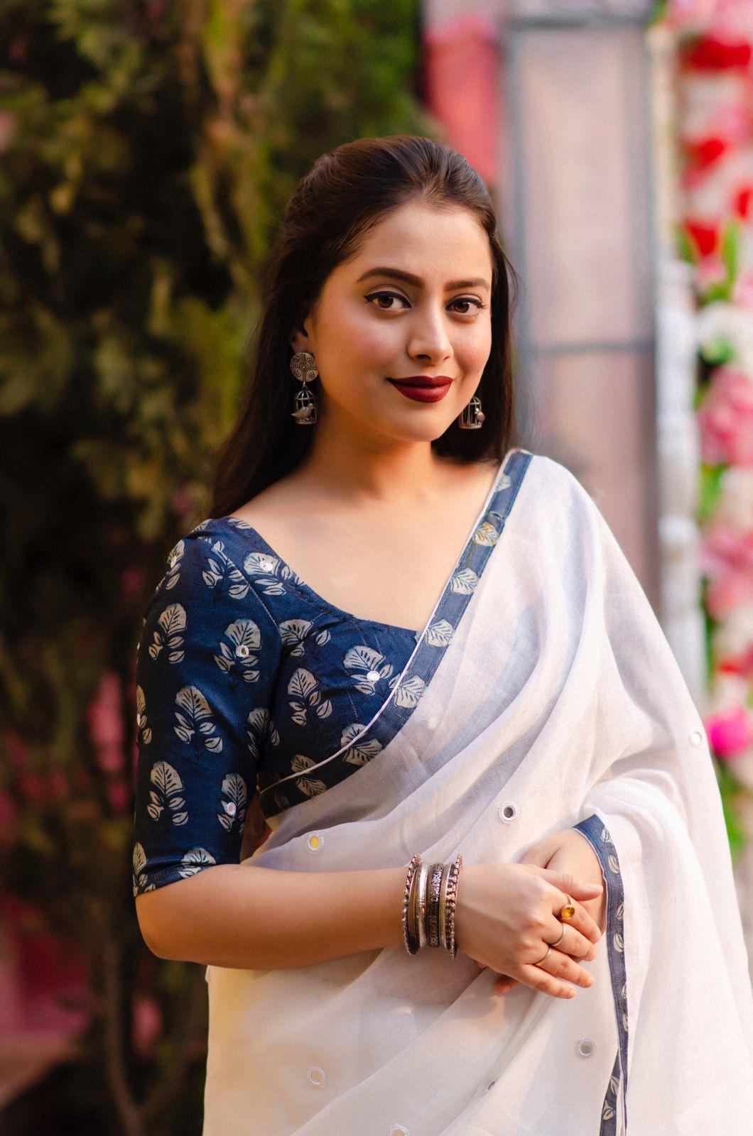 White Pure Linen Saree with Mirror Work and Jute Silk Blouse