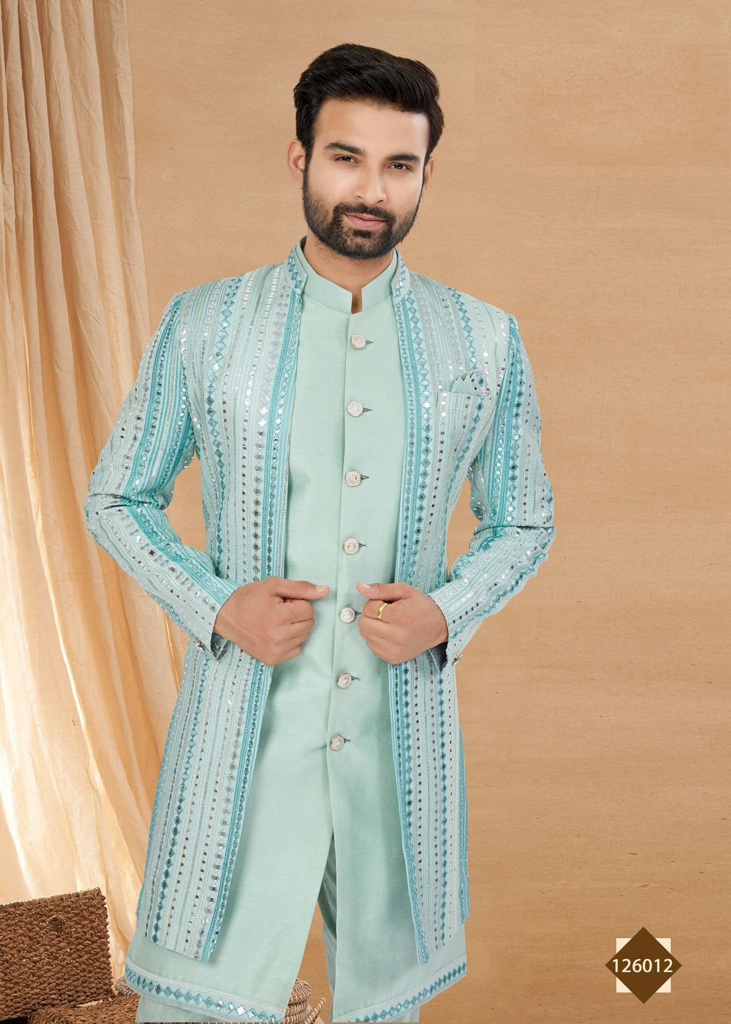 Men's Sky Blue Art Silk Indowestern Set with Jacket