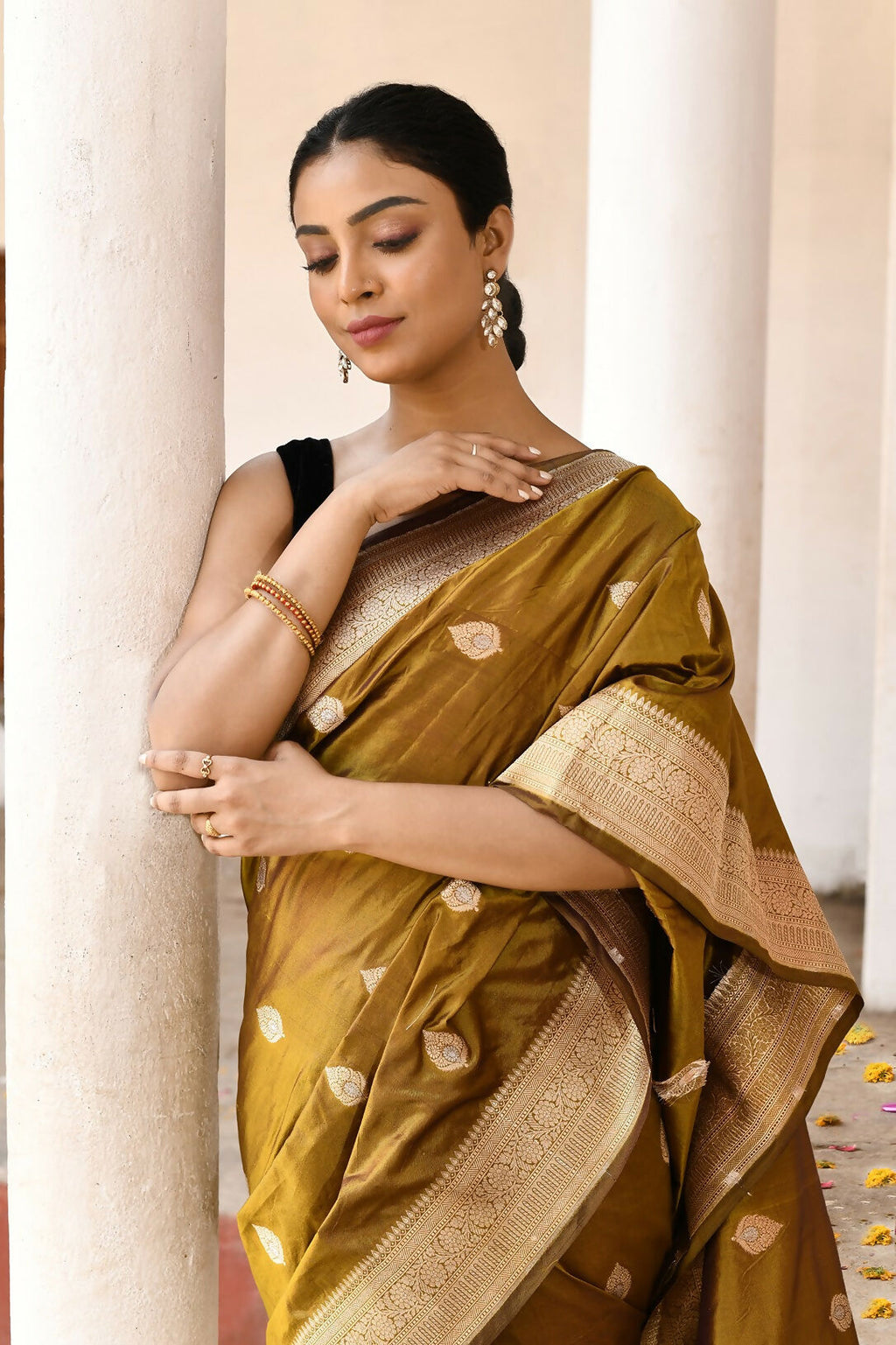 Olive Pure Katan Pure Handloom Banarasi Silk Saree