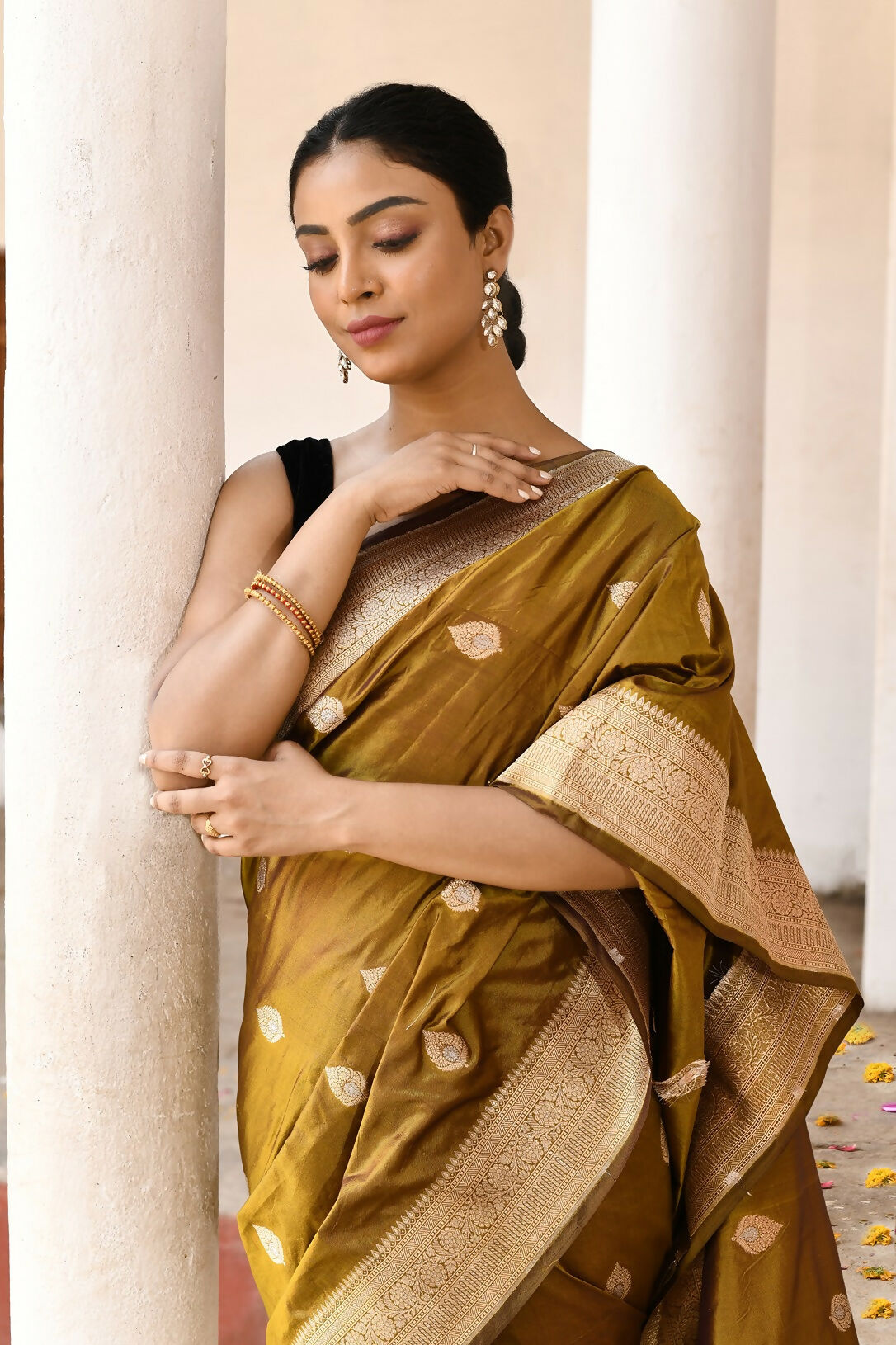 Olive Pure Katan Pure Handloom Banarasi Silk Saree