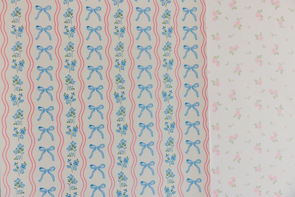 Amelia Bow Whimsical Nursery Wallpaper in Pink and Blue