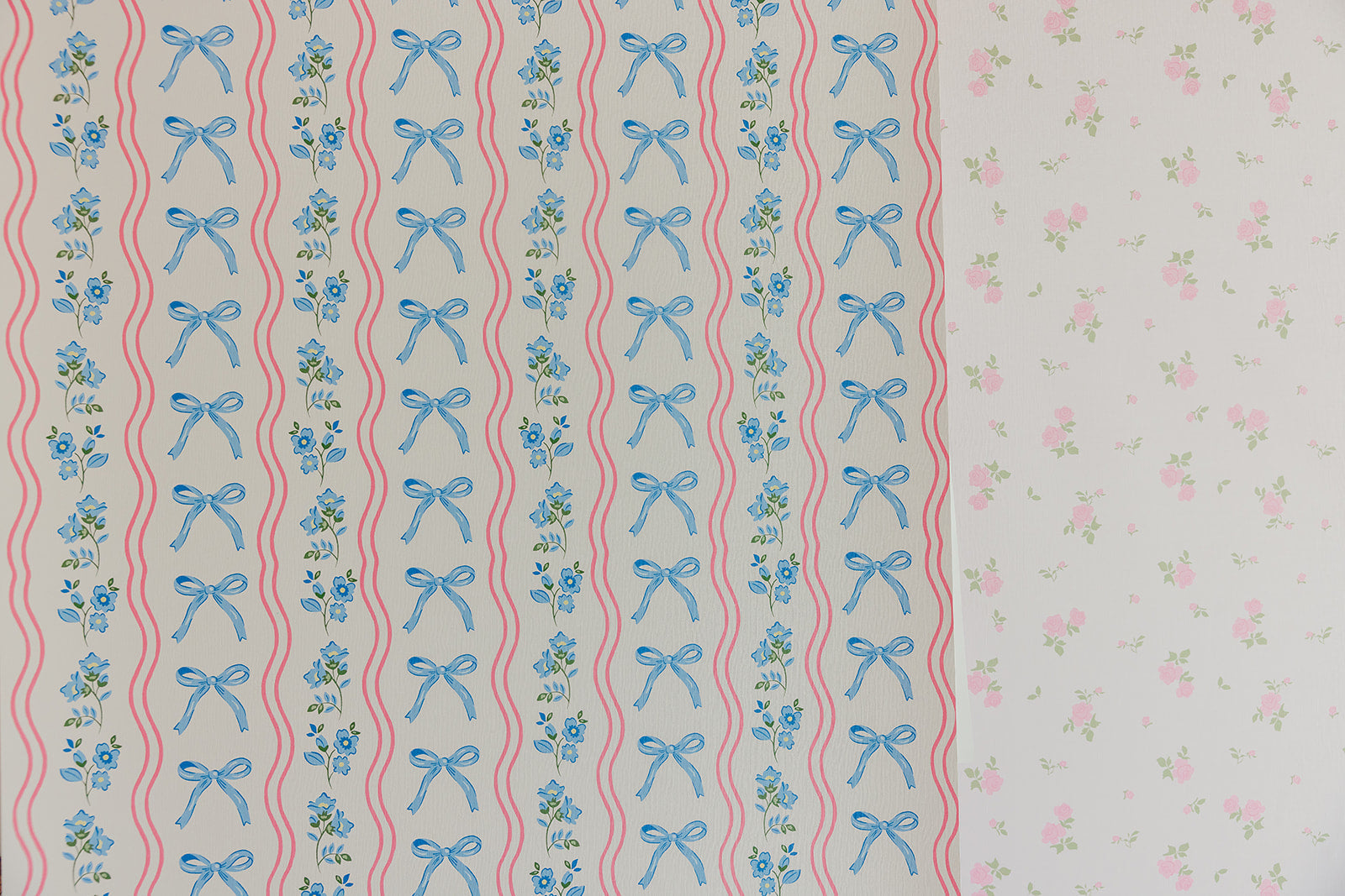 Amelia Bow Whimsical Nursery Wallpaper in Pink and Blue