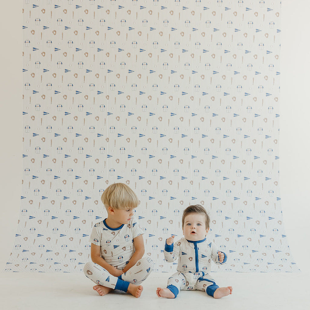 Blue Baseball patterned peel and stick wallpaper for a sports-themed nursery
