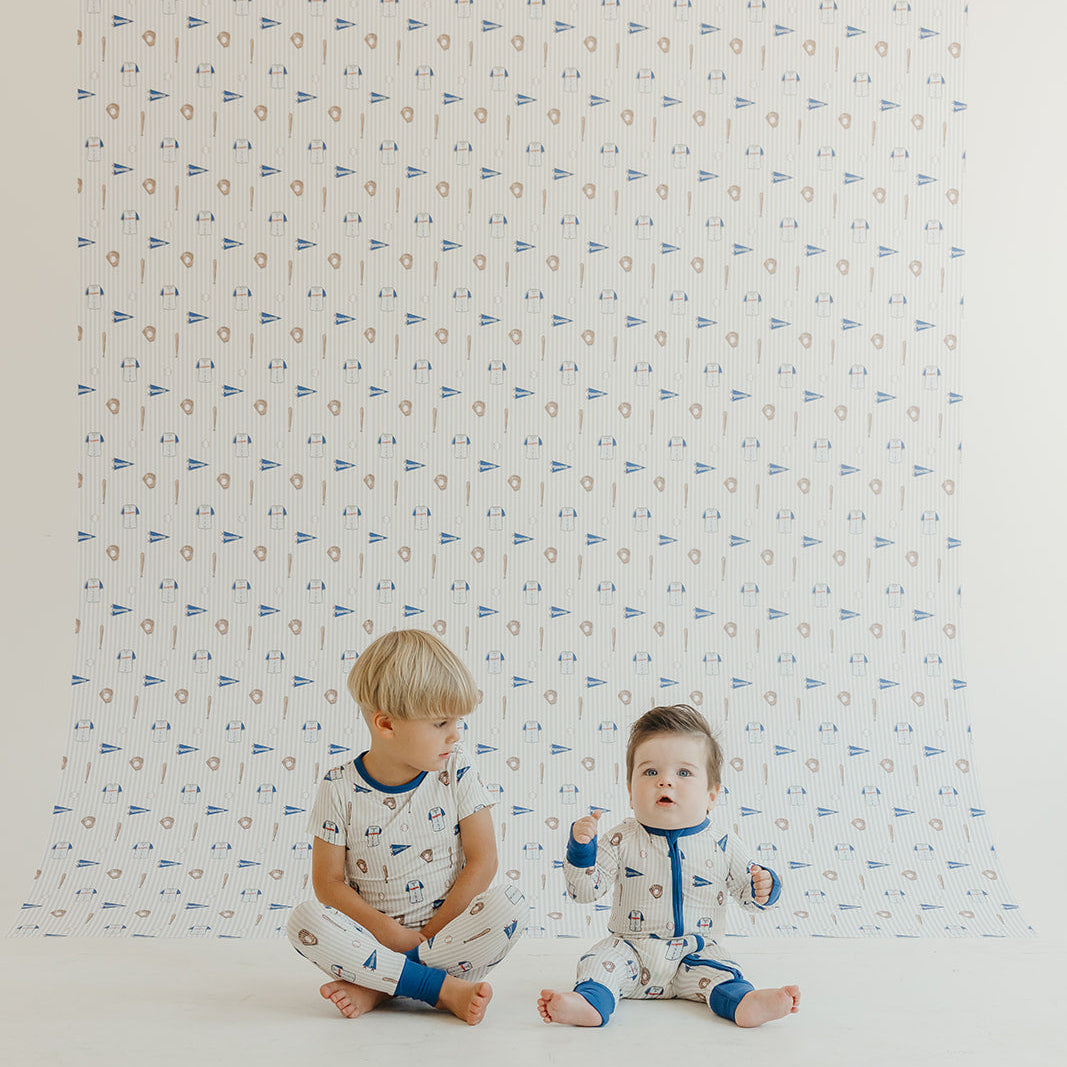 Blue Baseball patterned peel and stick wallpaper for a sports-themed nursery
