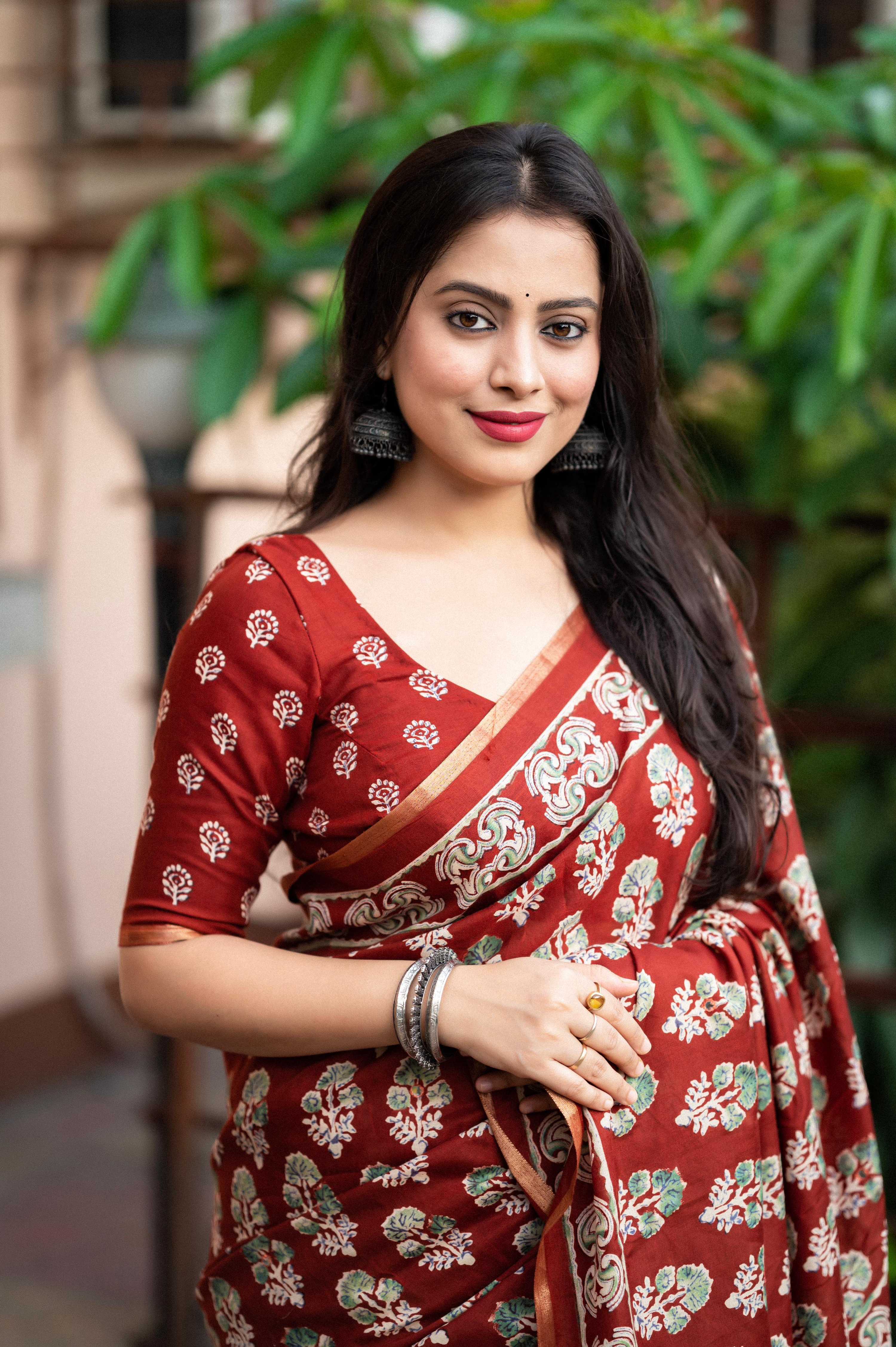 Red Cotton Blend Ajrak Saree with Unstitched Blouse Piece