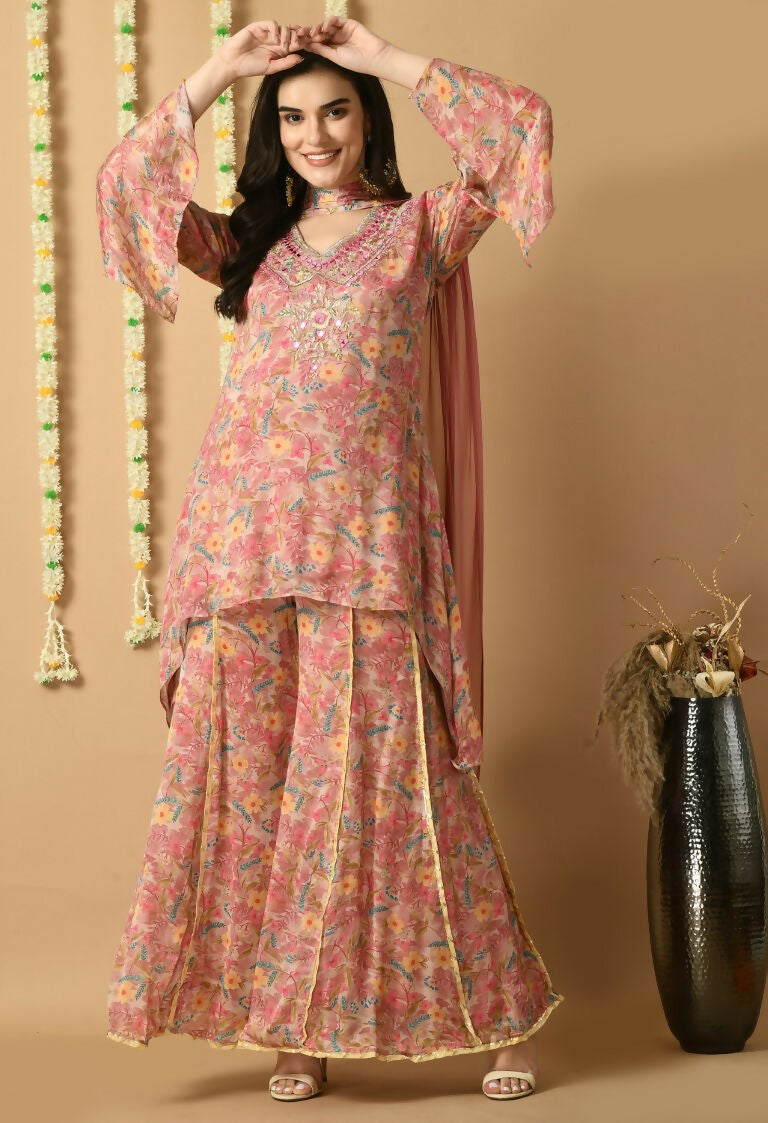 Rose Gold Chinnon Kurta Set with Organza Dupatta