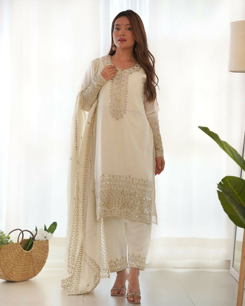 Elegant White Silk Kurta Set with Sequined Embroidery Work