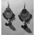 Oxidized silver Chandbali earrings with black beads and mirror work