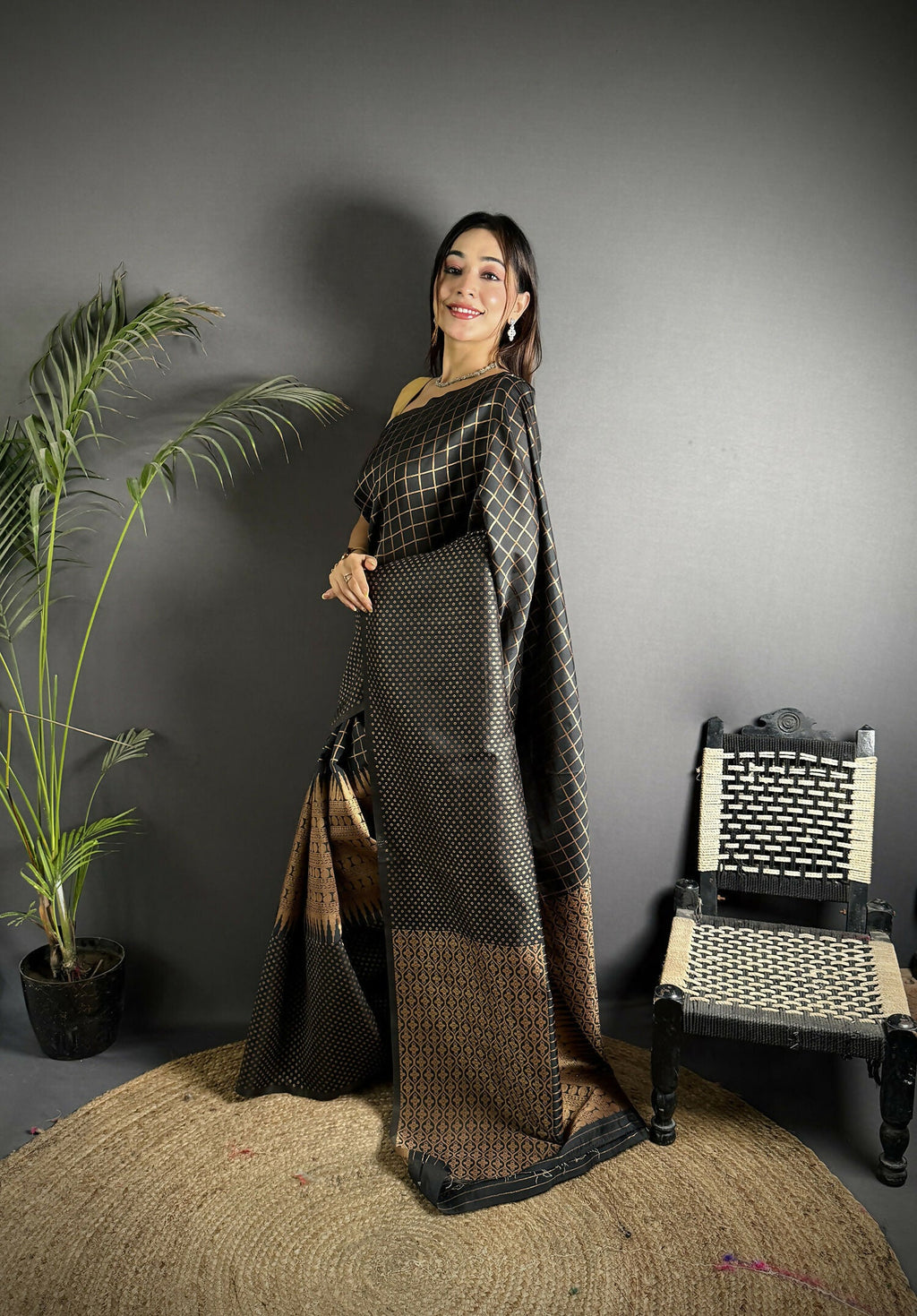 Black Banarasi Soft Lichi Silk Woven Checks Saree