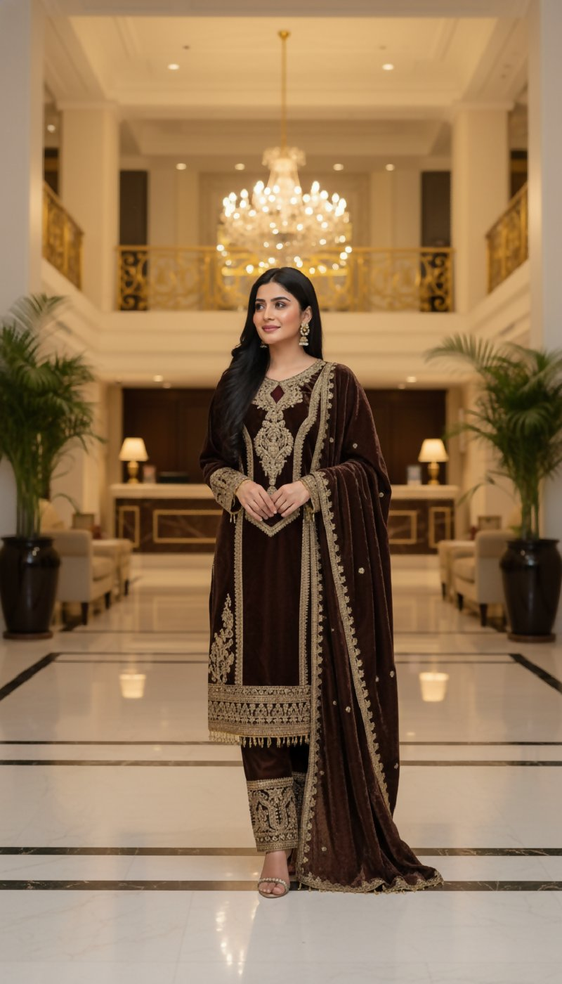 Coffee Velvet Kurta Set with Embroidery and Sequence Work