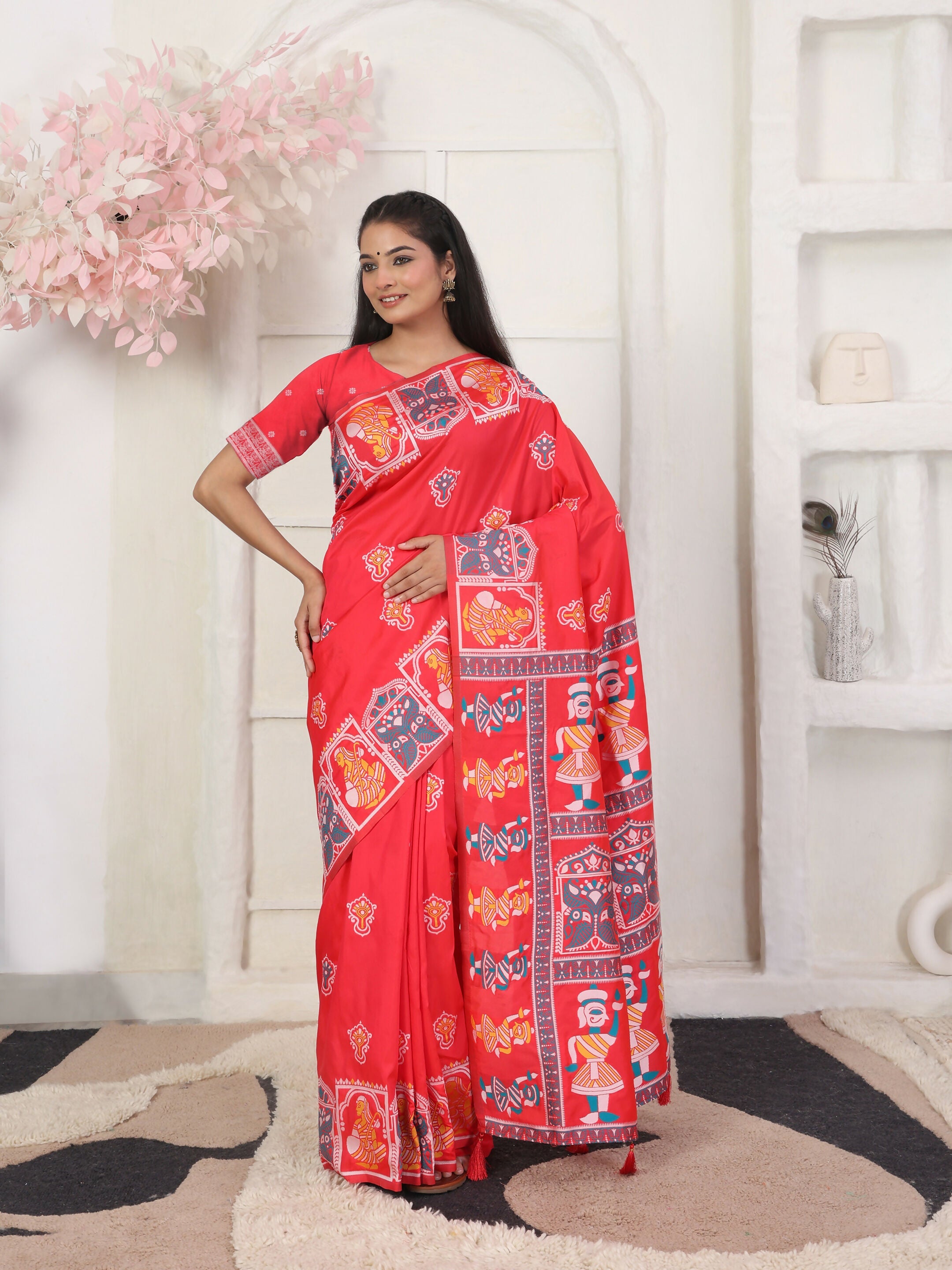 Red Silk Blend Saree with Matching Blouse Piece