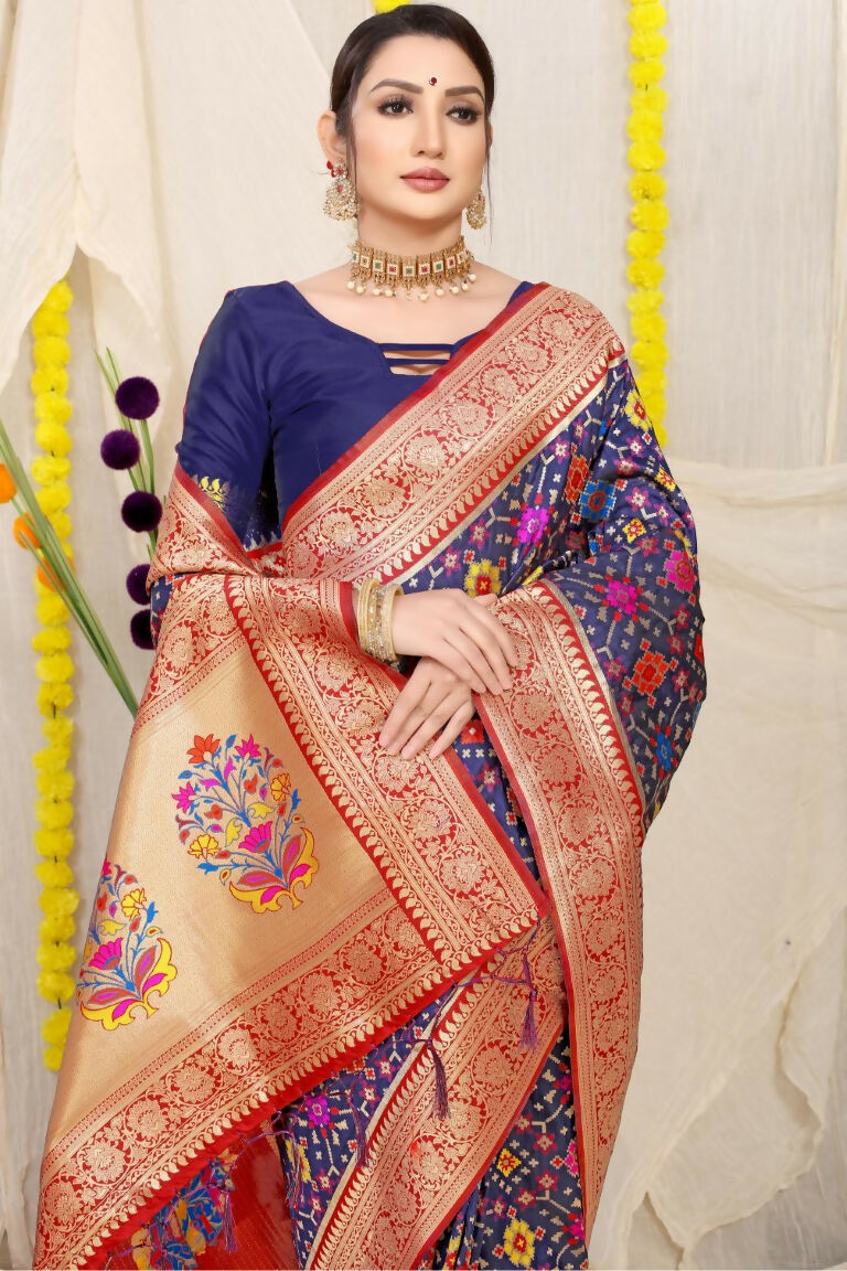 Navy Blue Patola Silk Zari Woven Saree with Matching Blouse