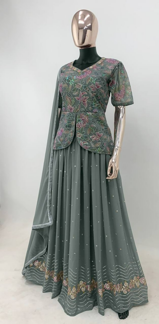 Grey Faux Georgette Embroidered Salwar Lehenga with Sequin Work
