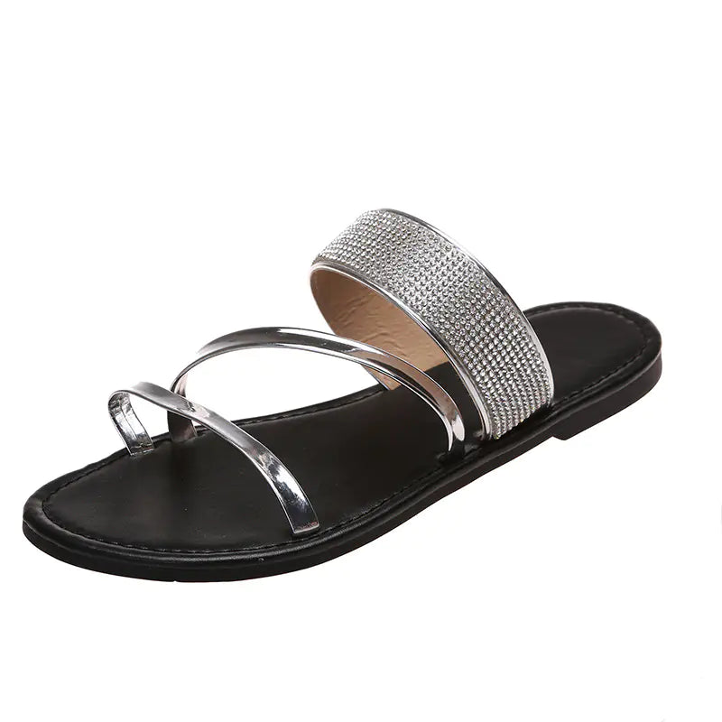 Women's Black Rhinestone Slip-On Casual Sandals Flat Footwear - Image 27