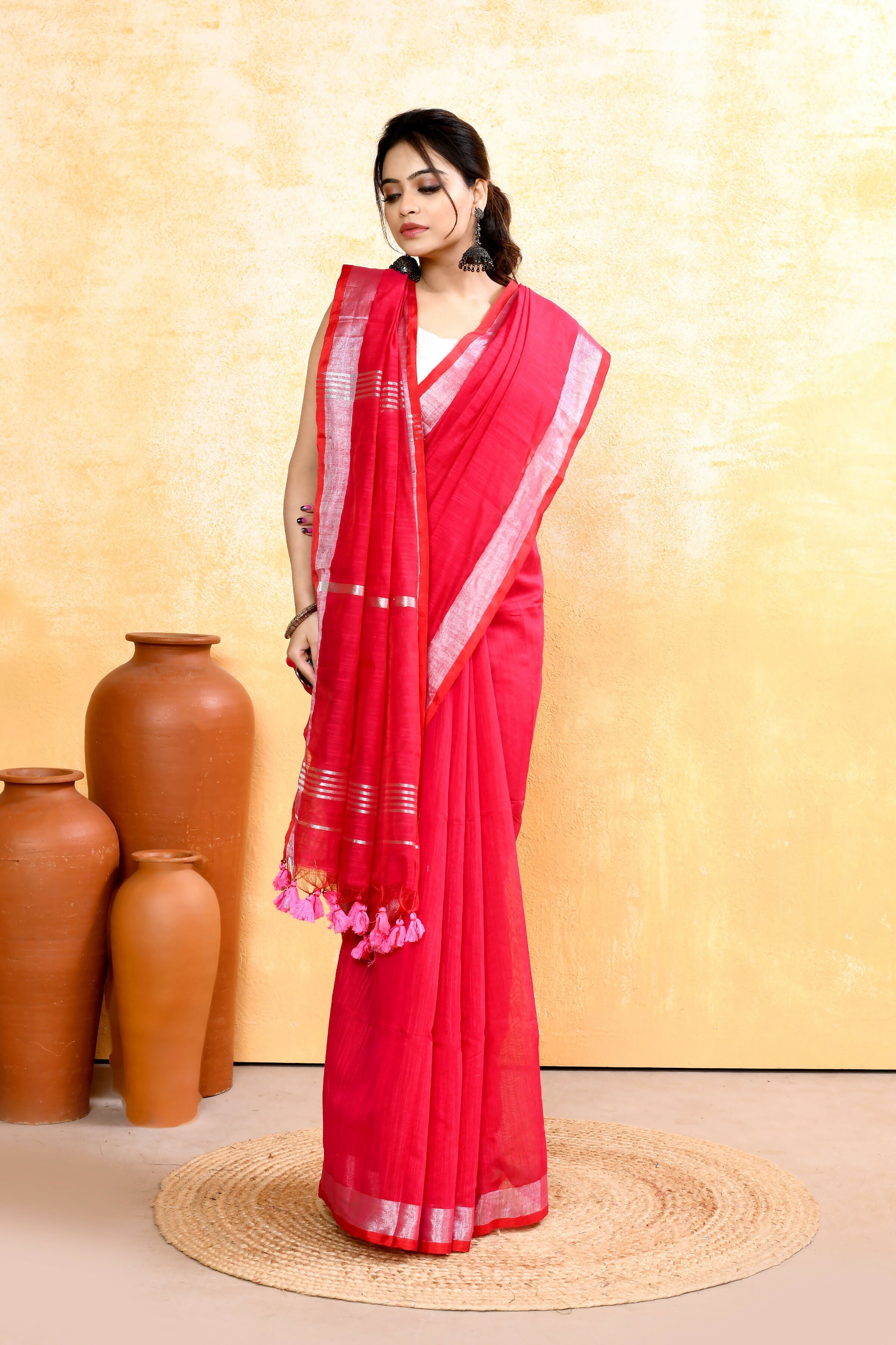 Rani Pink Embellished Handloom Saree with Zari Border