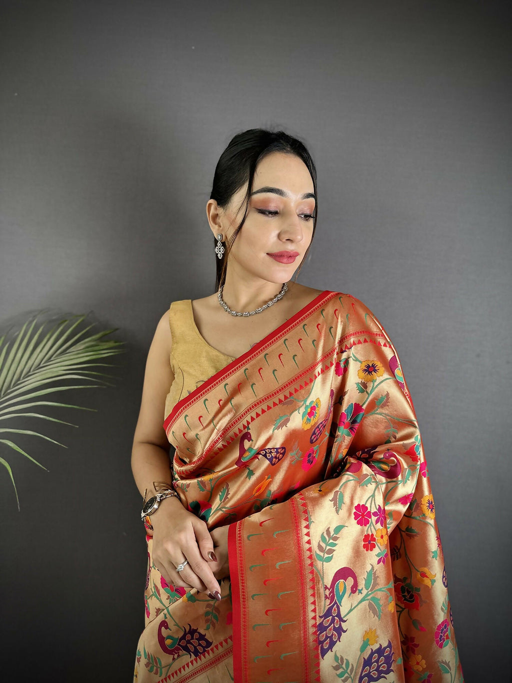 Pastel Red Soft Silk Paithani Saree with Peacock and Floral Motifs