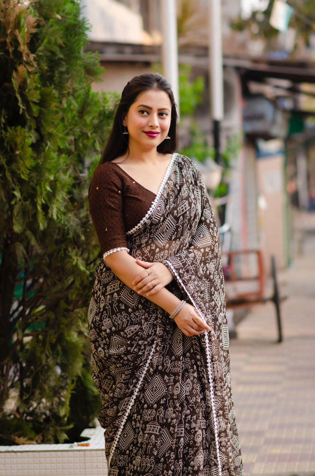 Coffee Poly Georgette Saree with Aari Mirror Work
